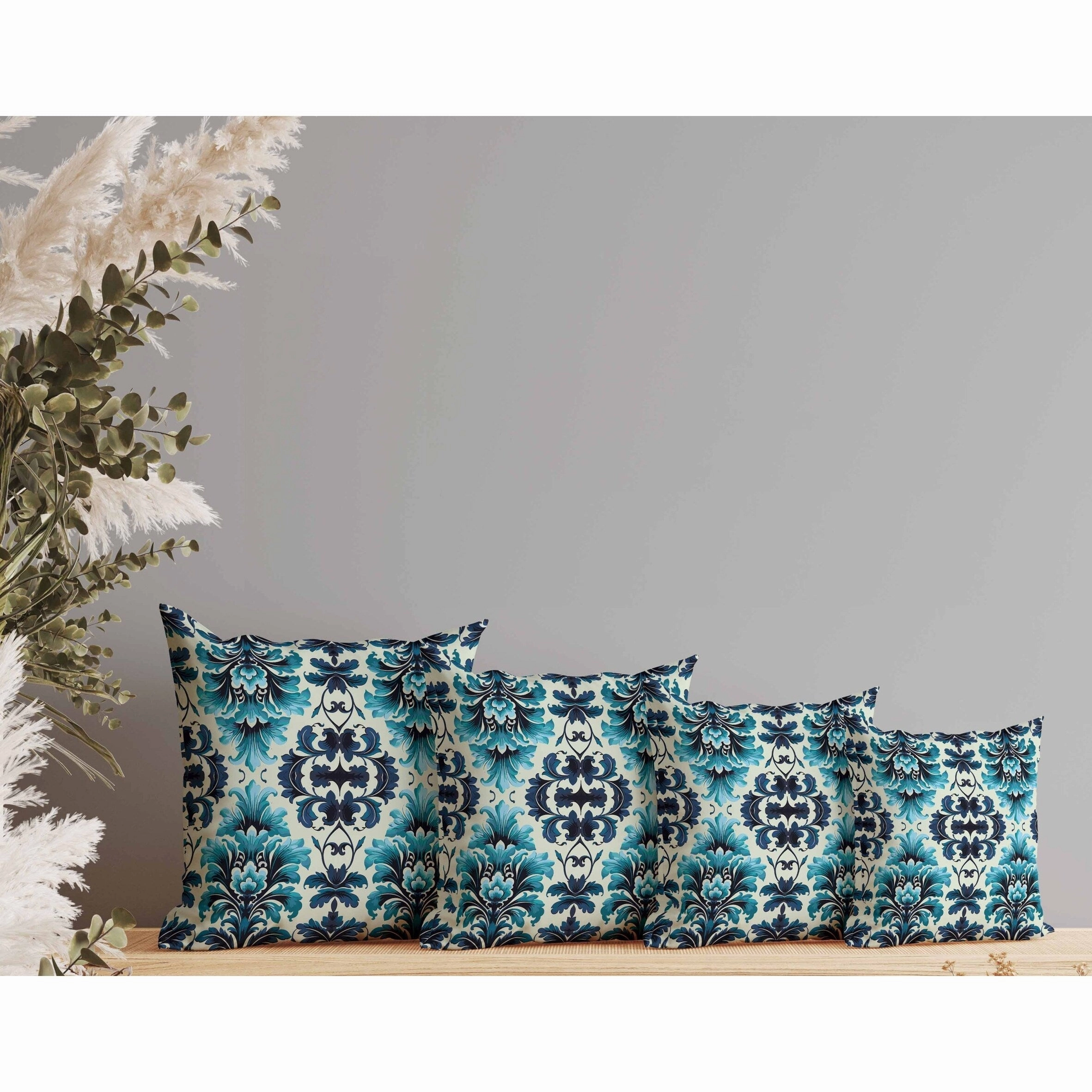 Damask Rapture Indoor/Outdoor Reversible Throw Pillow Blue and Turquoise
