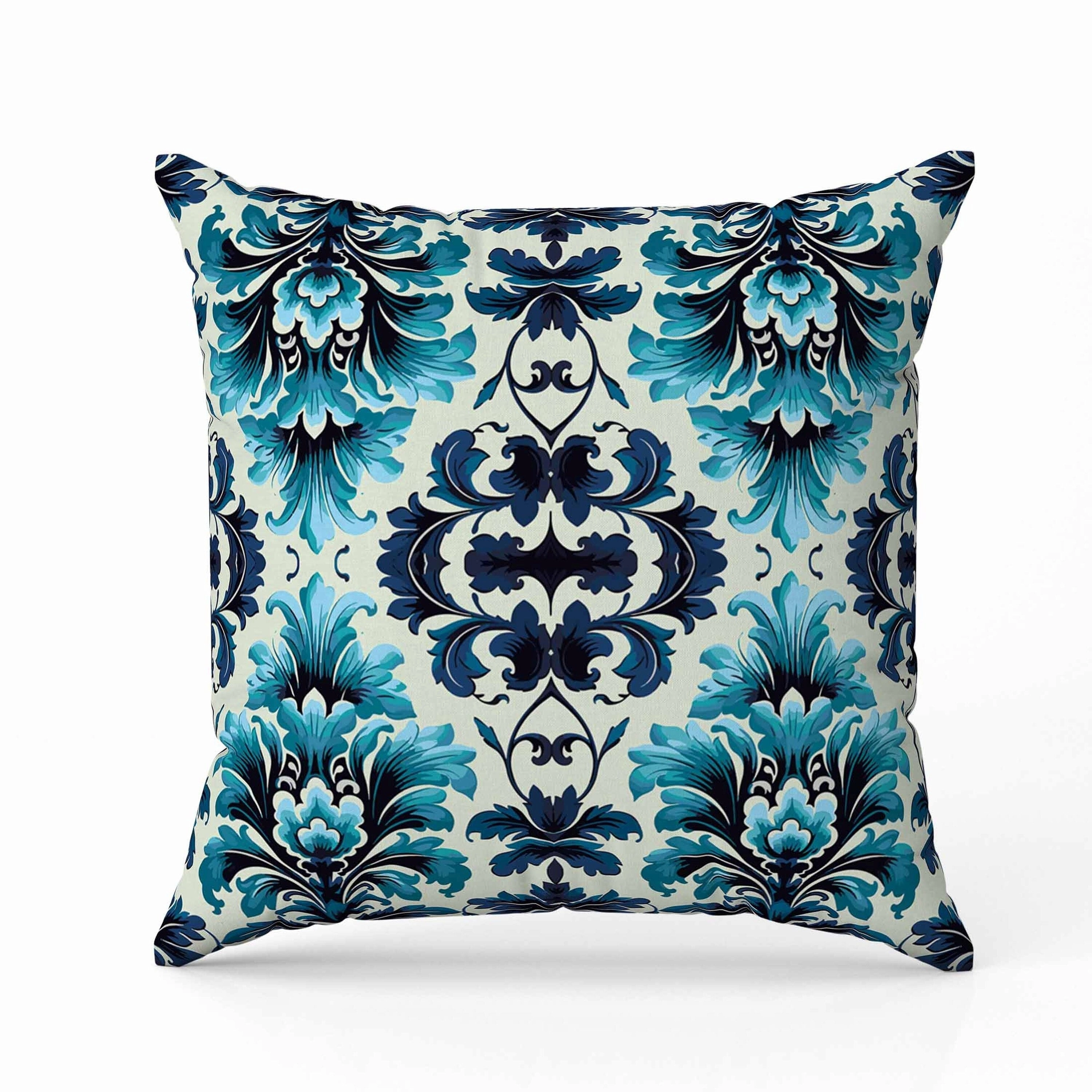 Damask Rapture Indoor/Outdoor Reversible Throw Pillow Blue and Turquoise
