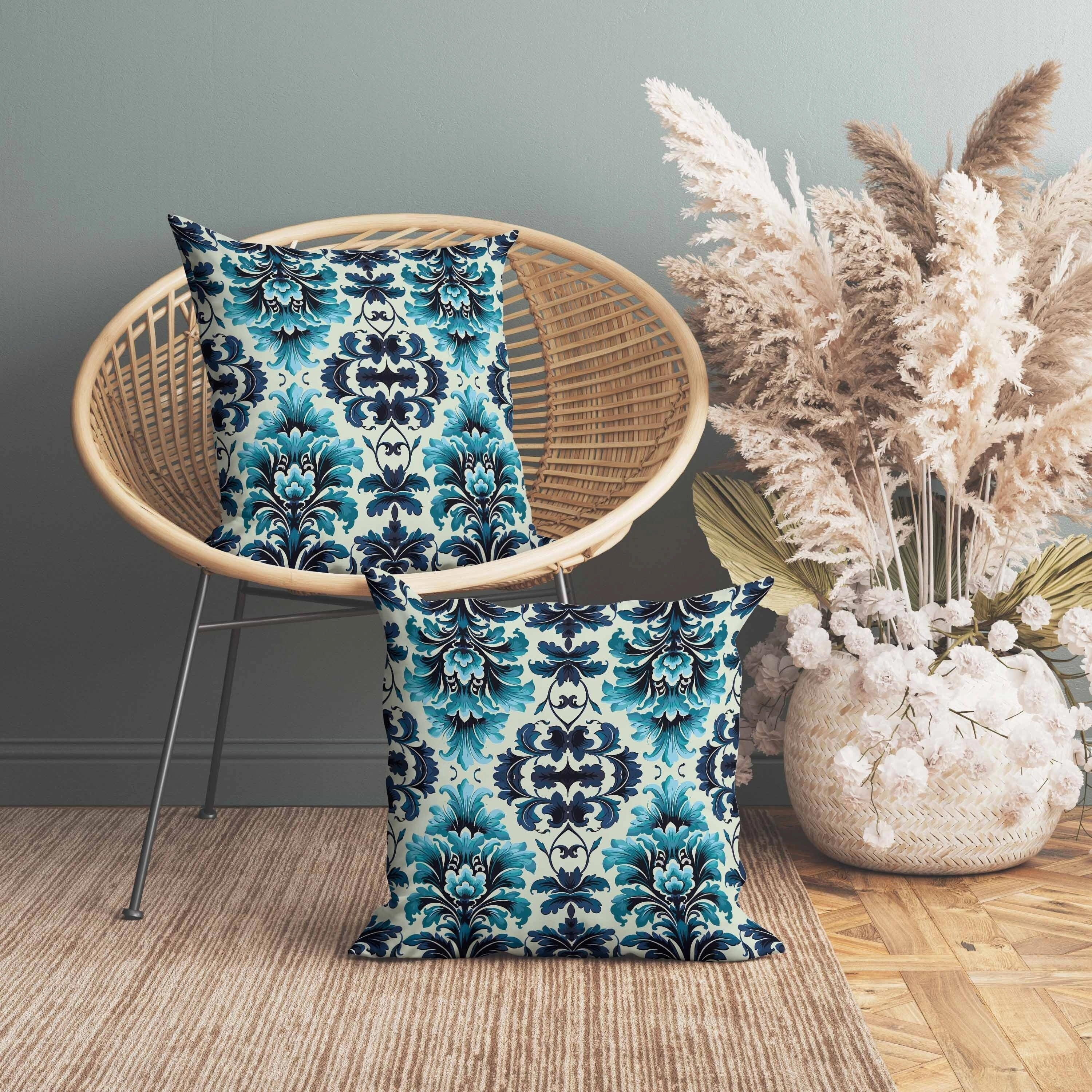 Damask Rapture Indoor/Outdoor Reversible Throw Pillow Blue and Turquoise