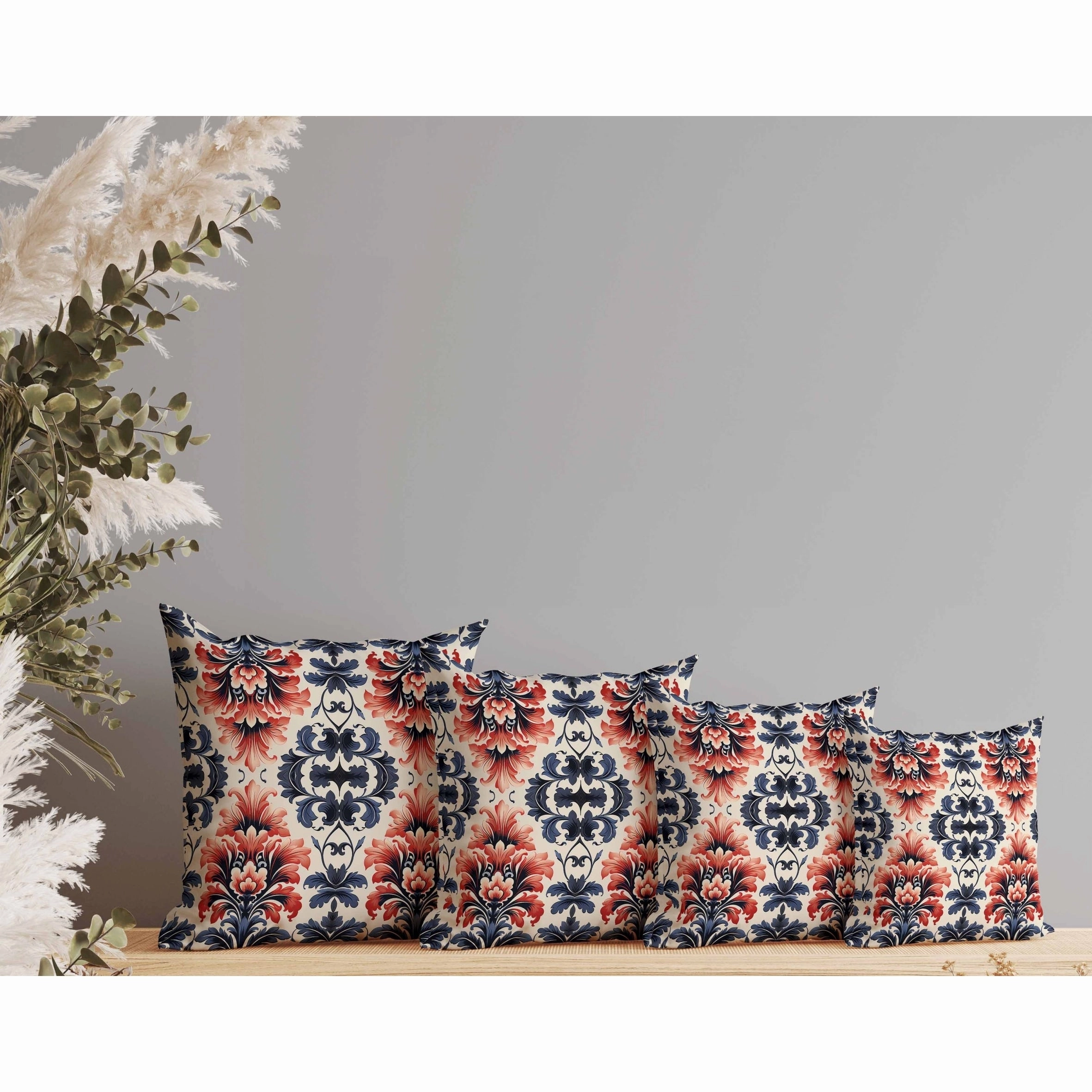 Damask Rapture Indoor/Outdoor Reversible Throw Pillow Grey and Red