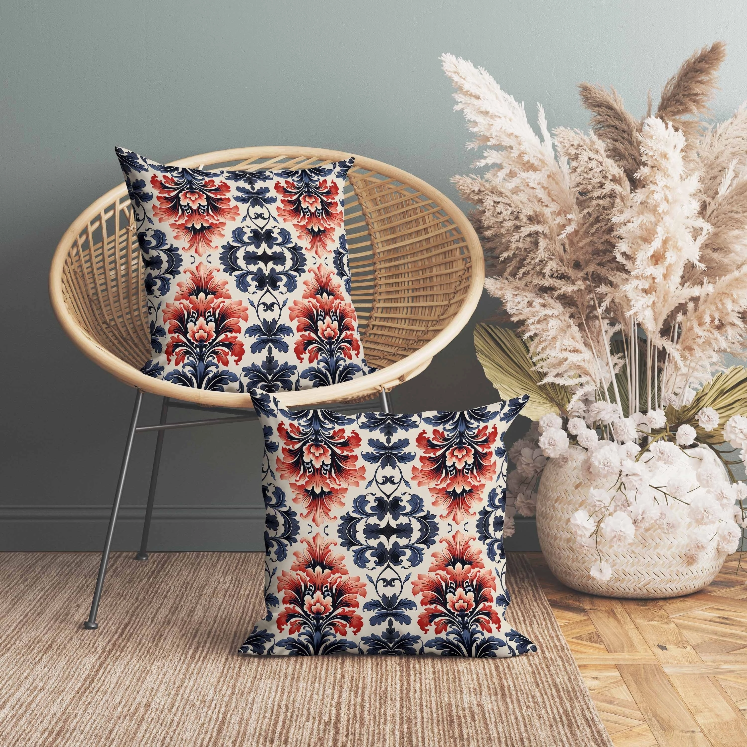 Damask Rapture Indoor/Outdoor Reversible Throw Pillow Grey and Red