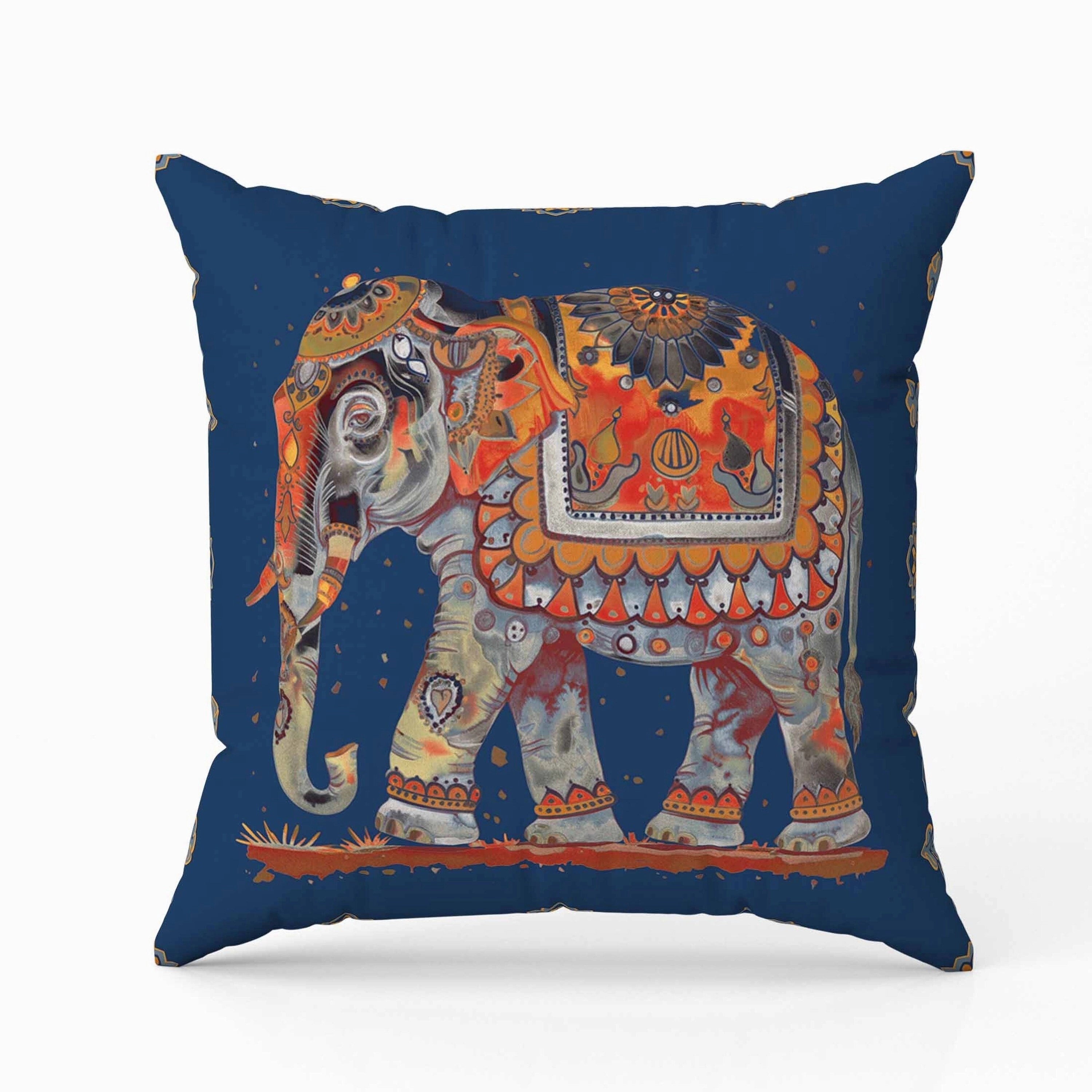 Decorated Elephant Indoor/Outdoor Reversible Throw Pillow Blue and Gray
