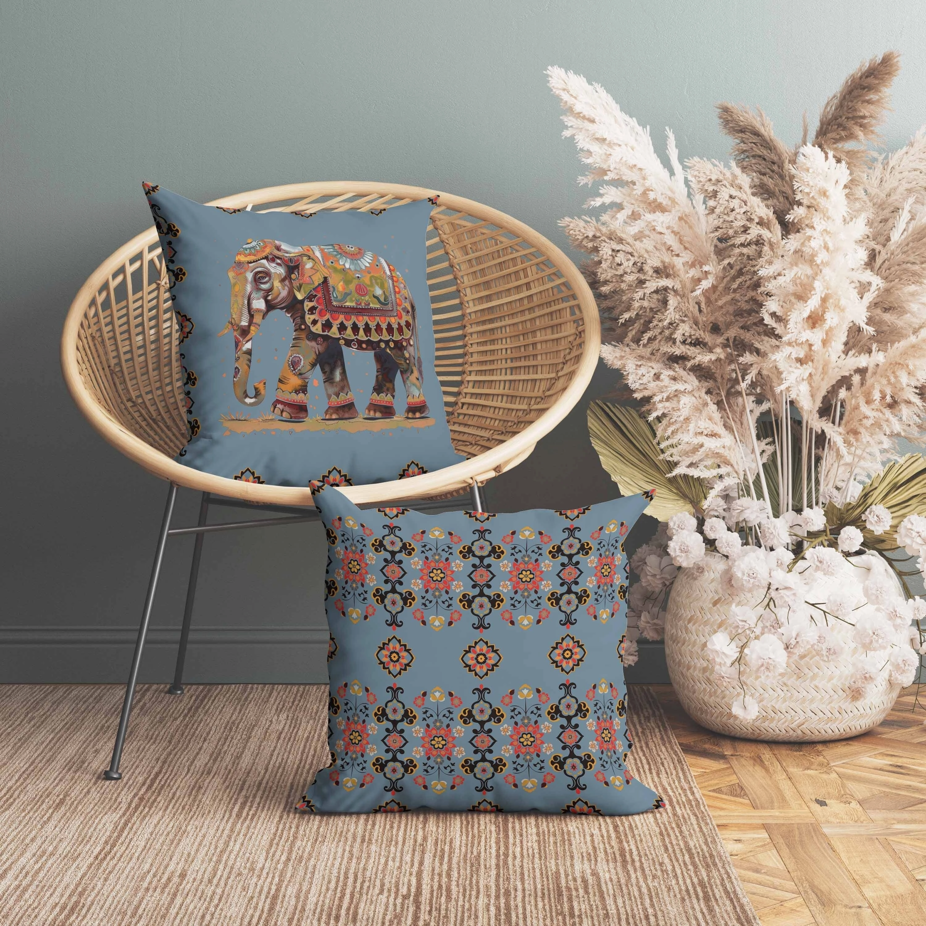 Decorated Elephant Indoor/Outdoor Reversible Throw Pillow Blue and Orange