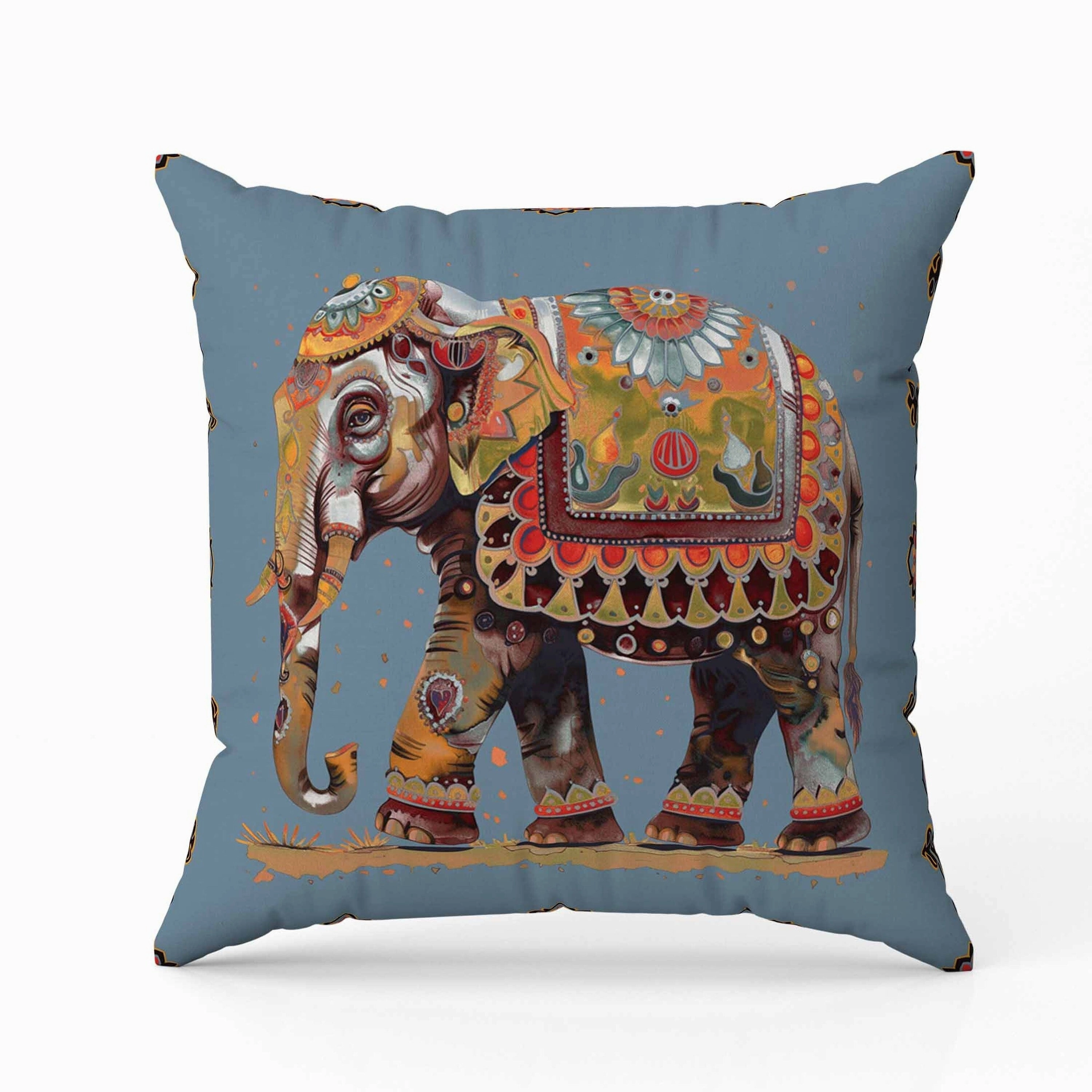 Decorated Elephant Indoor/Outdoor Reversible Throw Pillow Blue and Orange