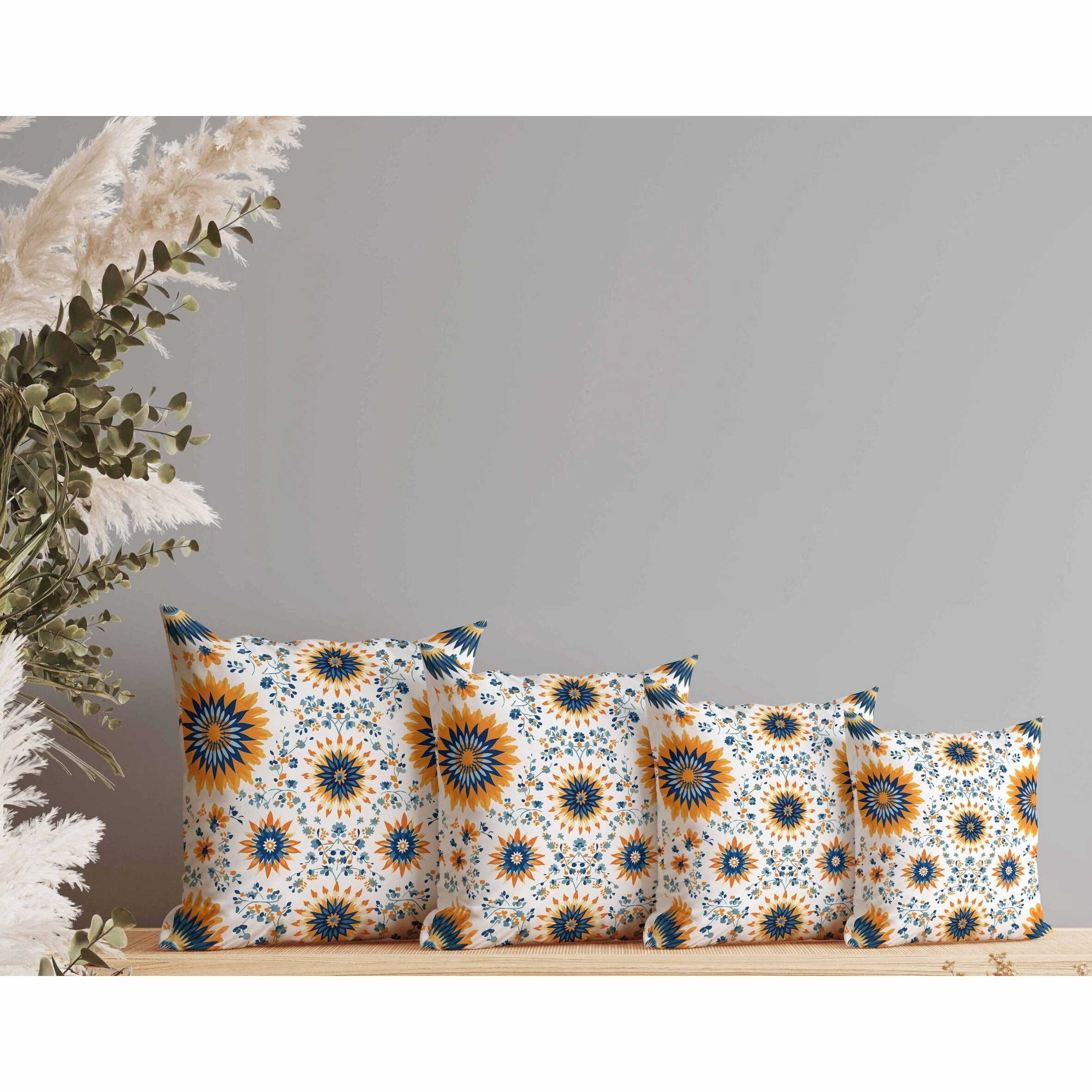 Delightful Dandelions Indoor/Outdoor Reversible Throw Pillow Orange and Blue