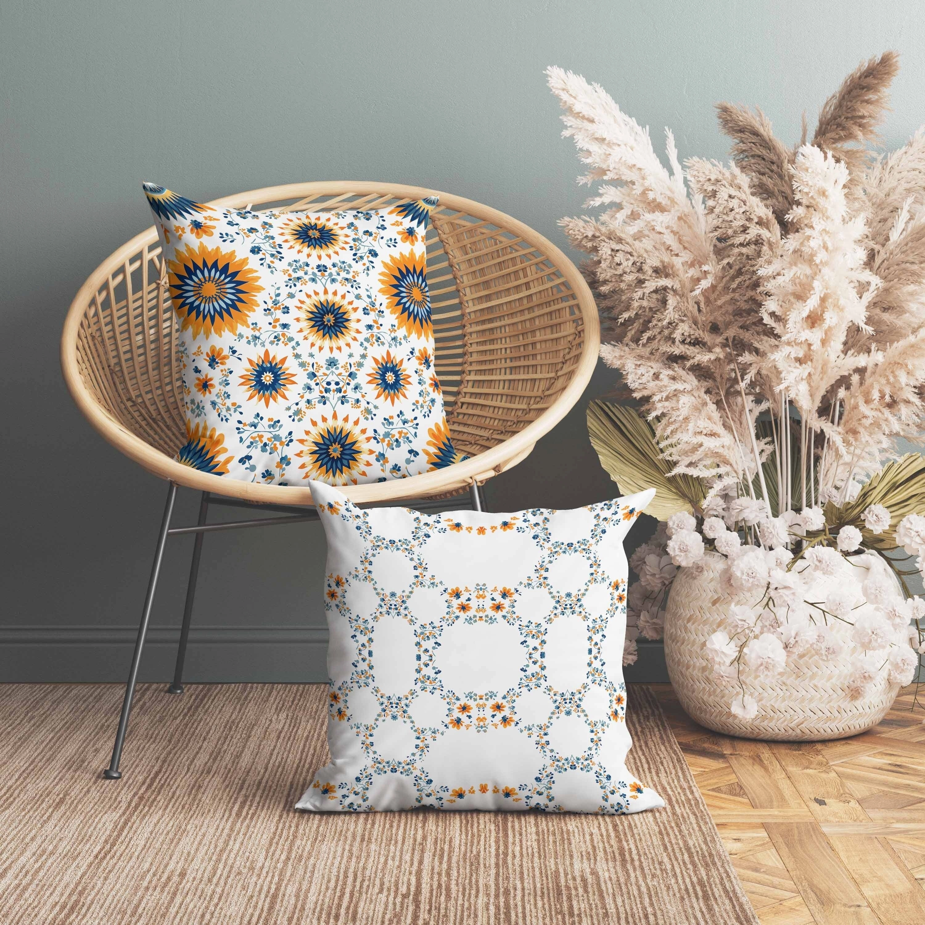 Delightful Dandelions Indoor/Outdoor Reversible Throw Pillow Orange and Blue