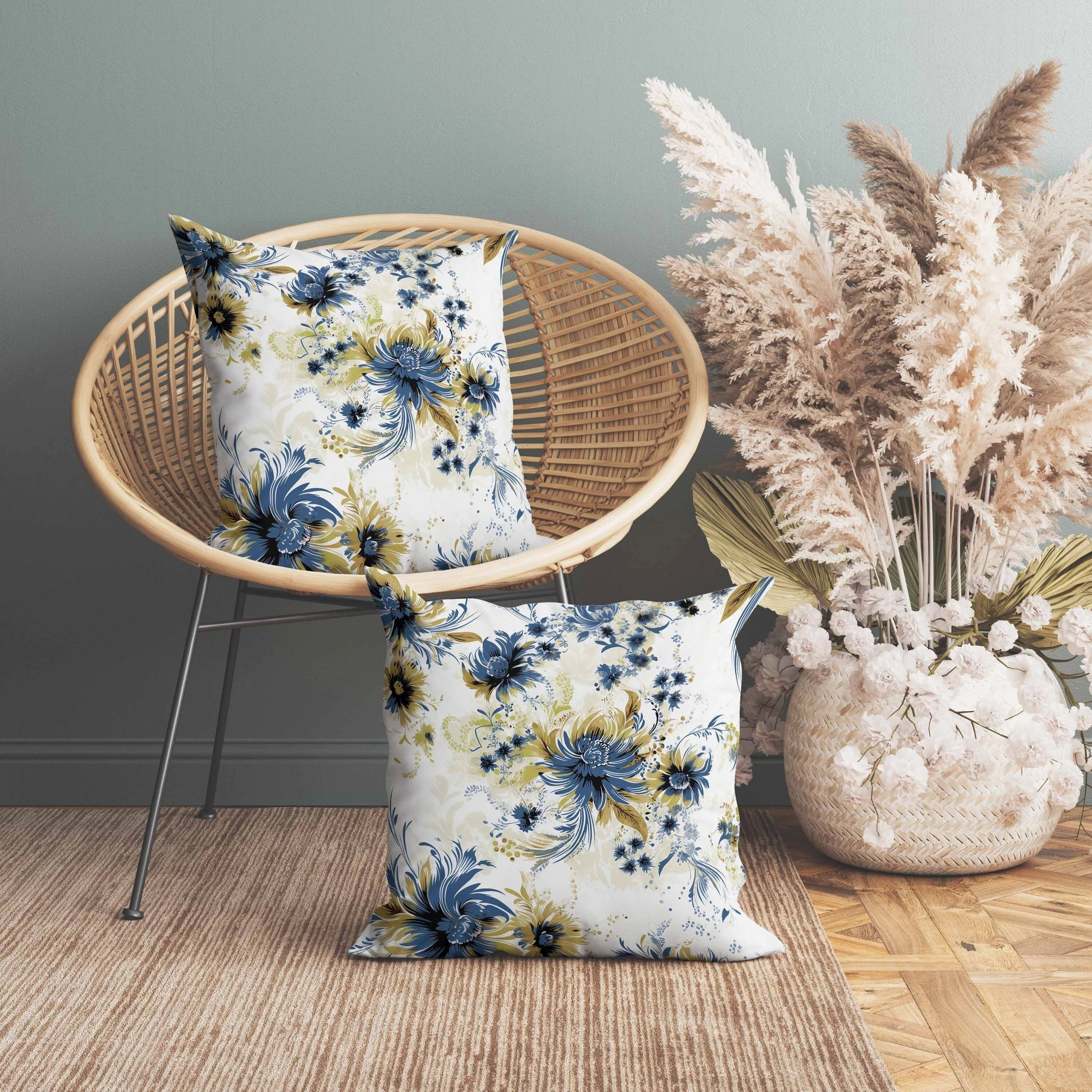 Delightful Wildflowers Indoor/Outdoor Reversible Throw Pillow White and Blue