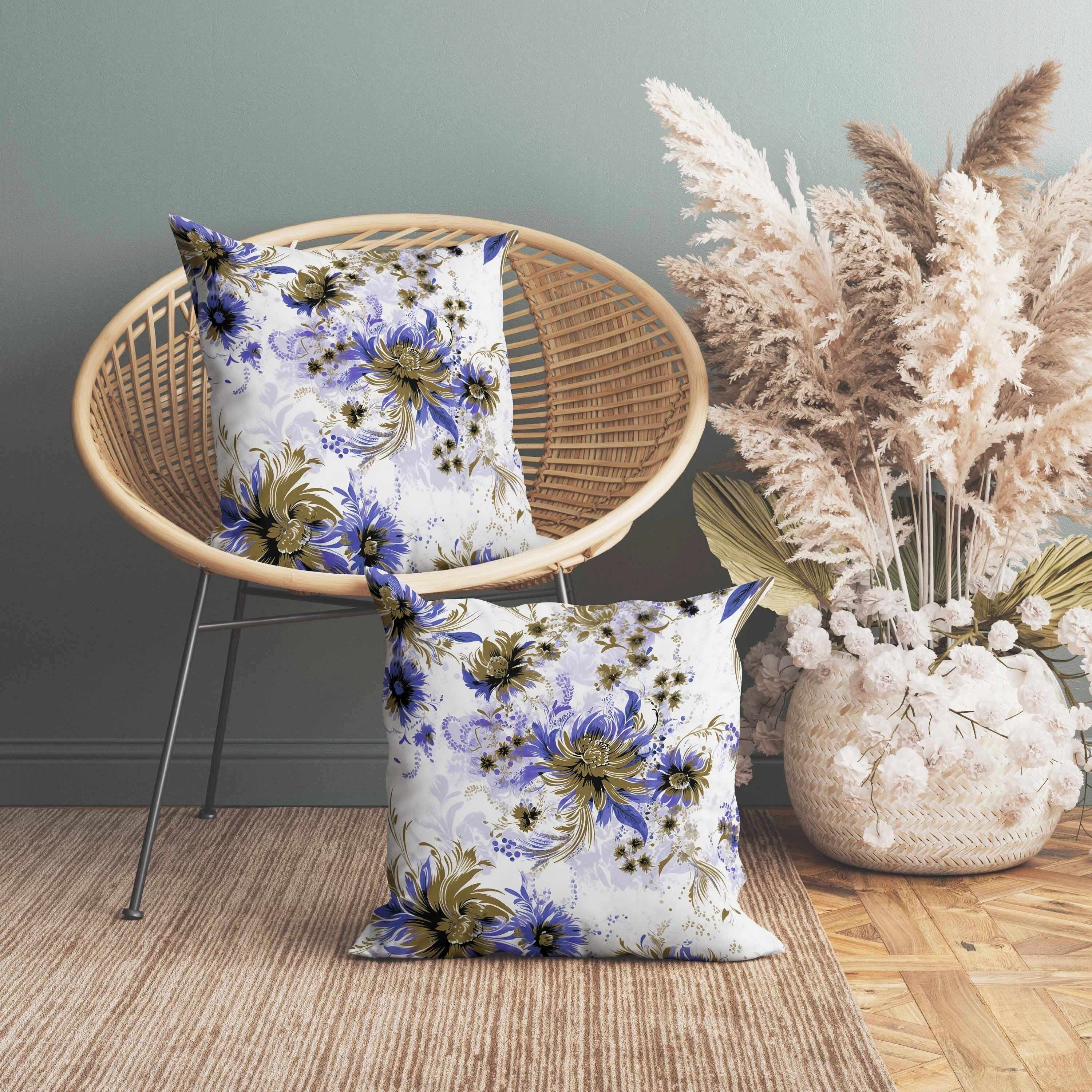 Delightful Wildflowers Indoor/Outdoor Reversible Throw Pillow White and Blue