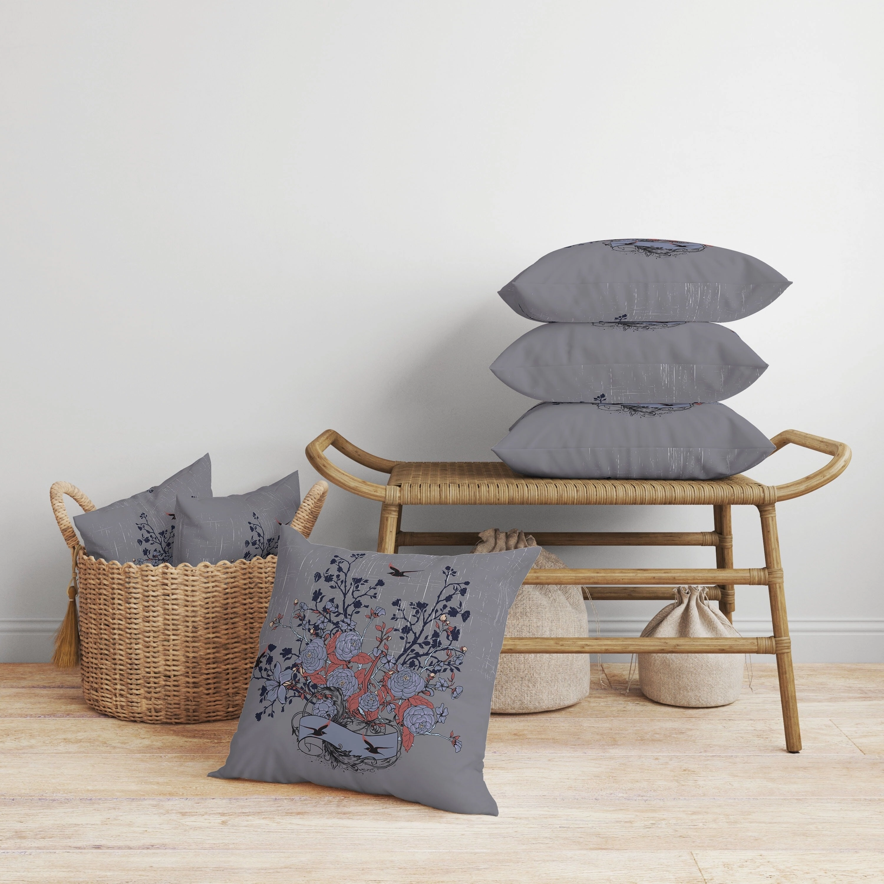 Elegant Floral Bouquet Faux Suede Reversible Throw Pillow Gray and Blue