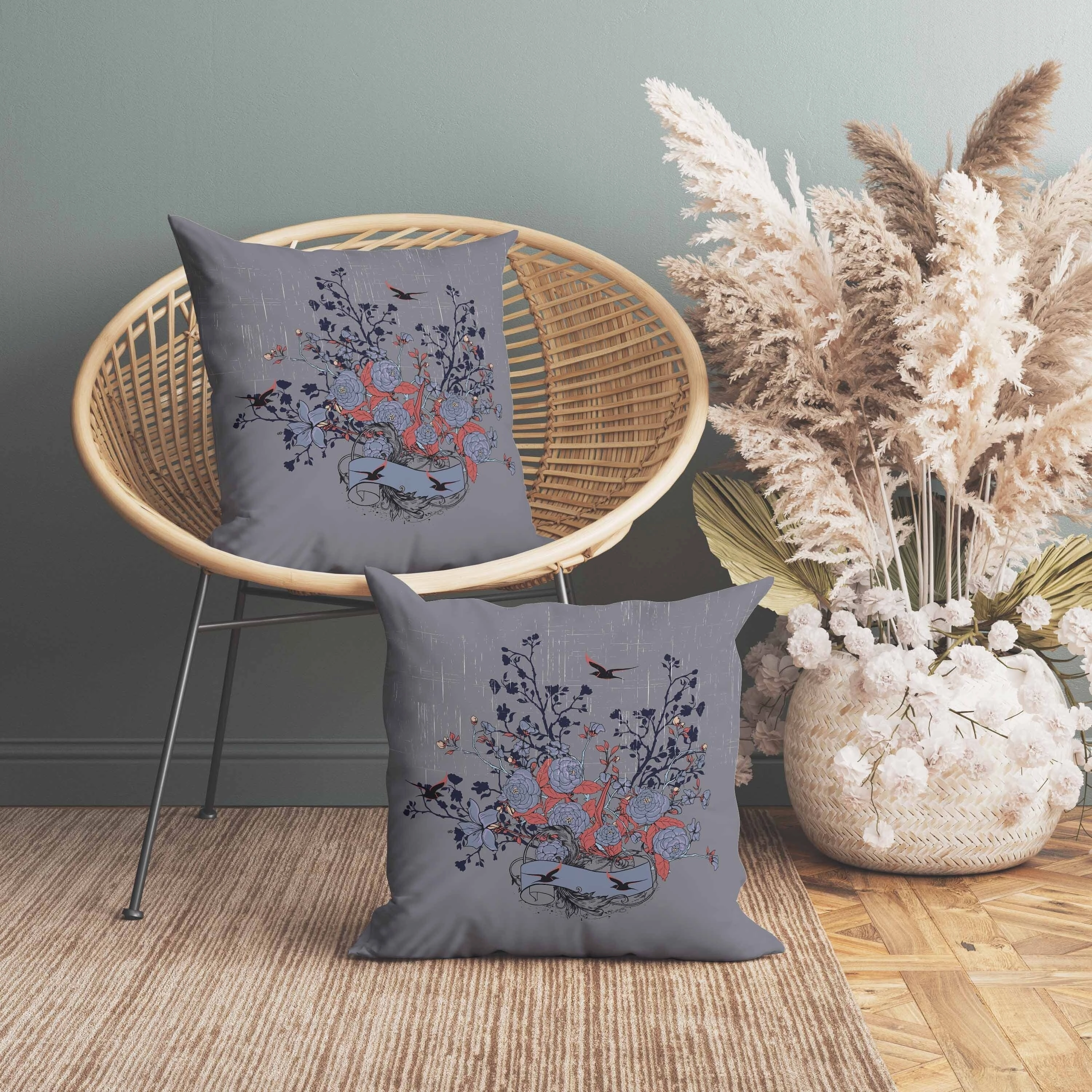 Elegant Floral Bouquet Faux Suede Reversible Throw Pillow Gray and Blue