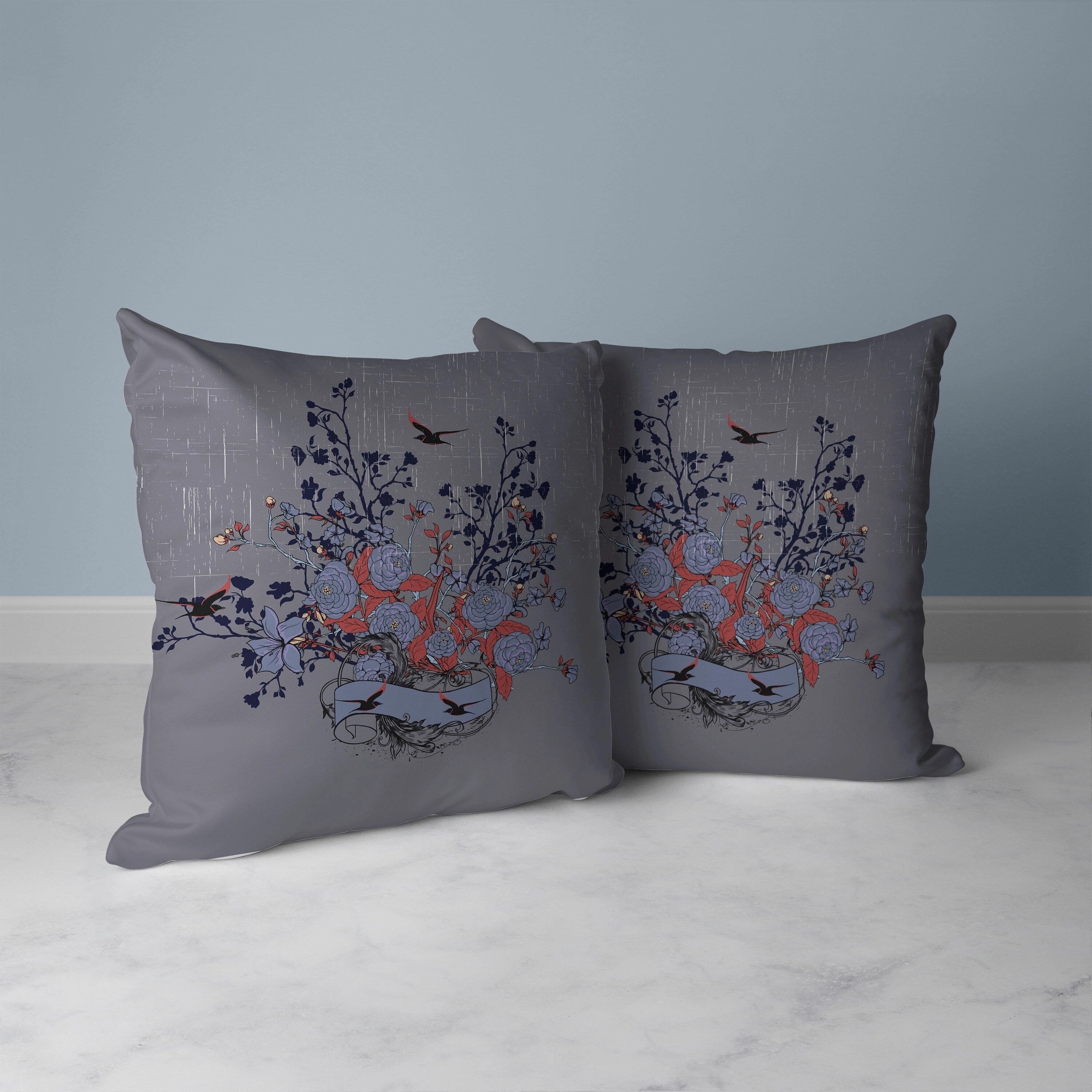 Elegant Floral Bouquet Faux Suede Reversible Throw Pillow Gray and Blue
