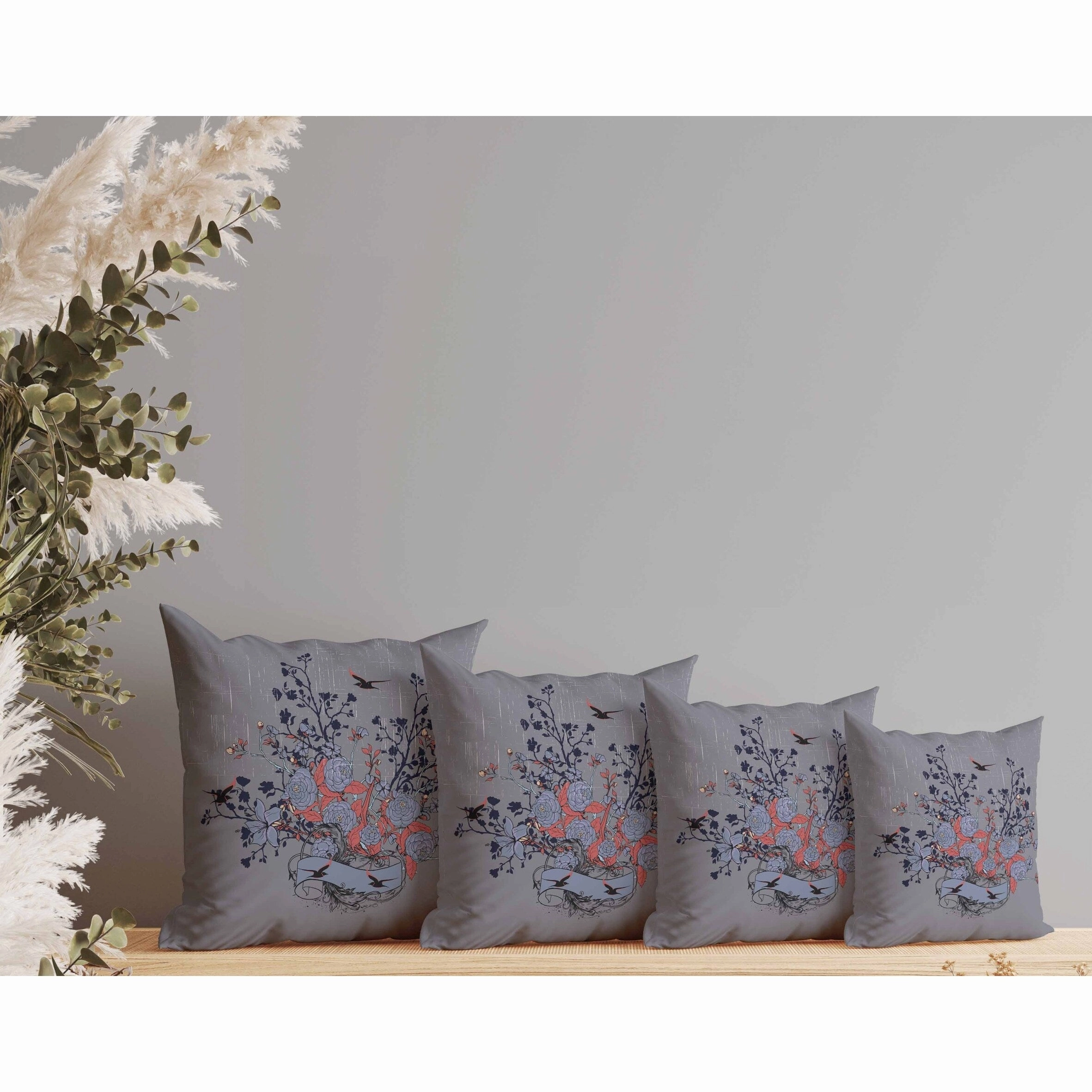 Elegant Floral Bouquet Faux Suede Reversible Throw Pillow Gray and Blue
