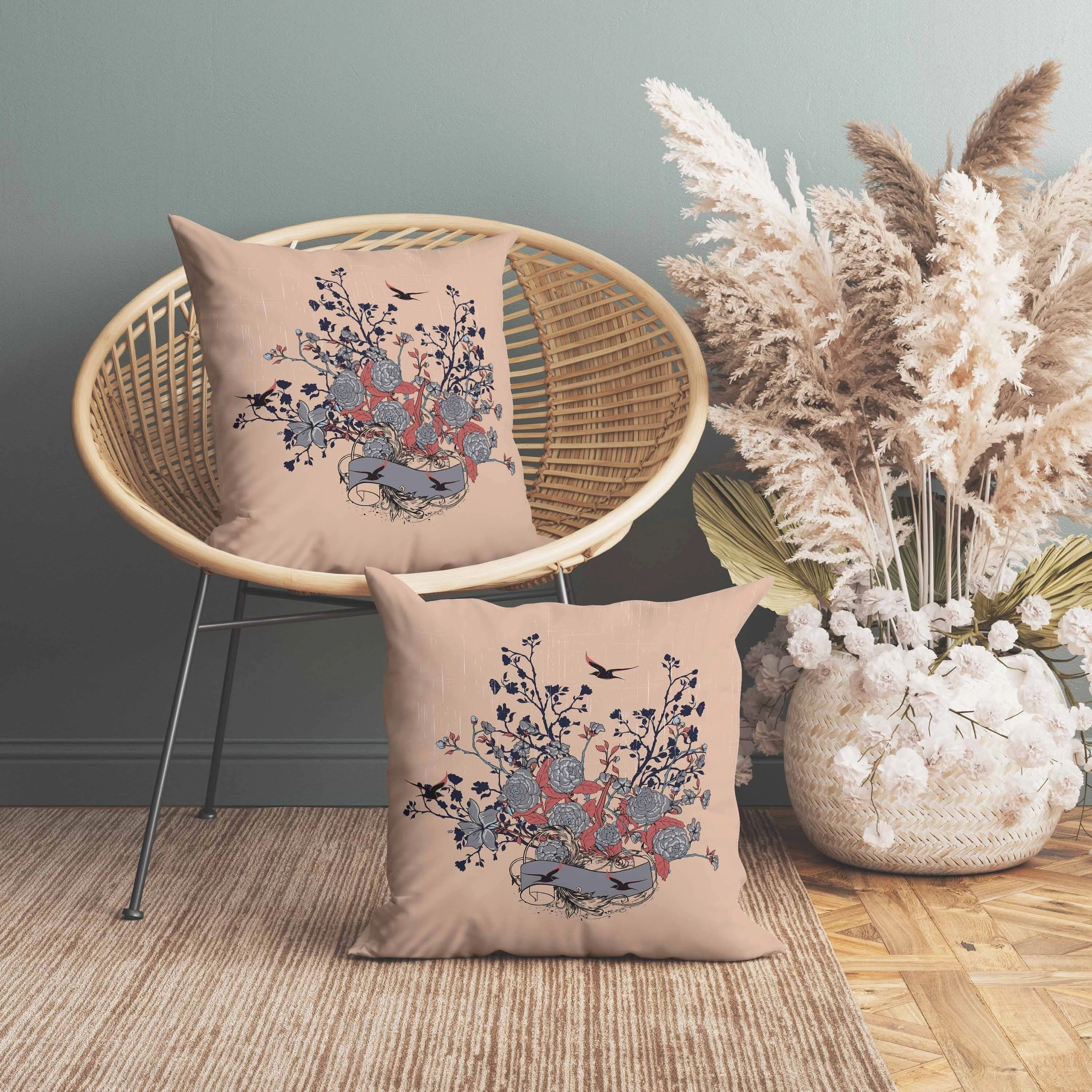 Elegant Floral Bouquet Indoor/Outdoor Reversible Throw Pillow Gray and Almond