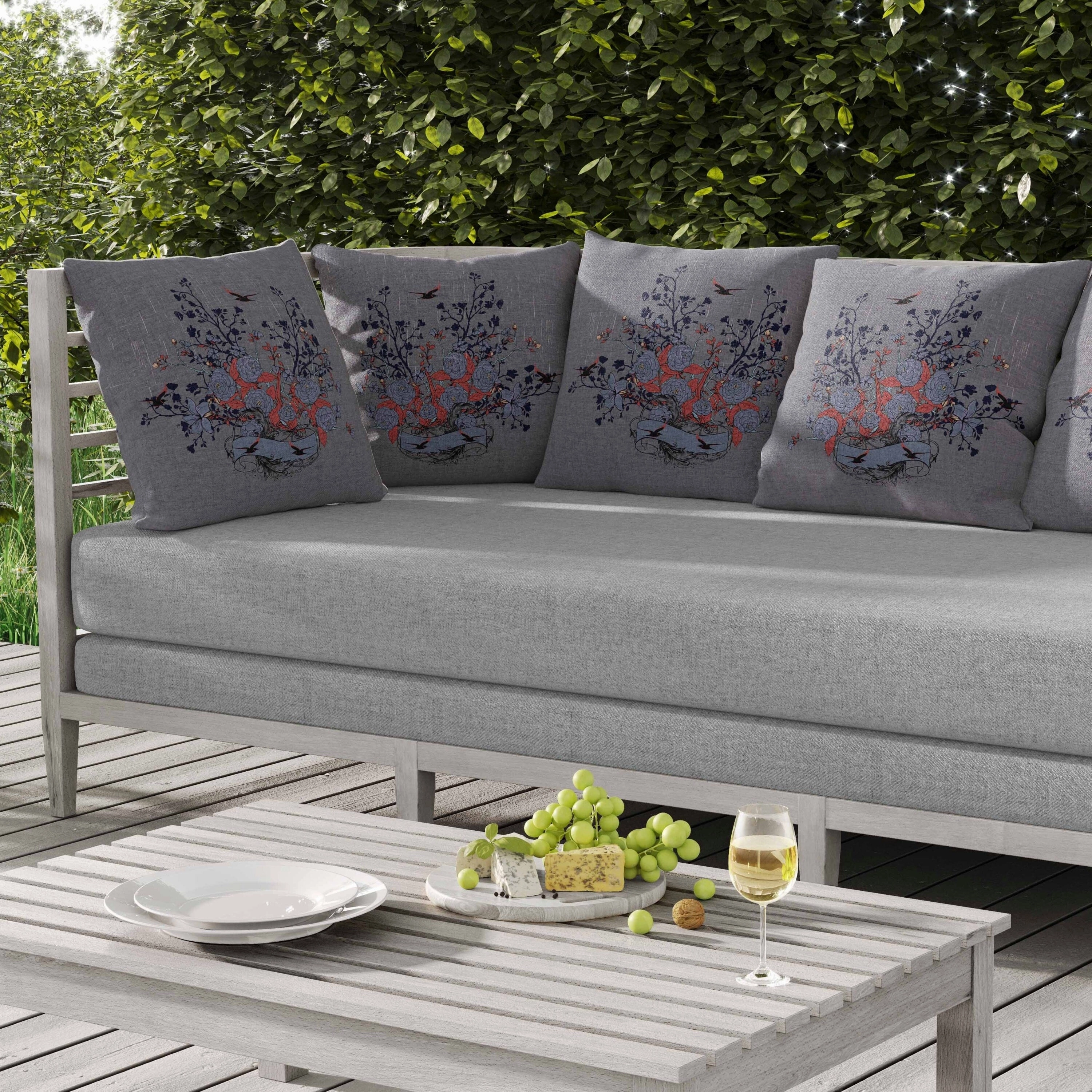 Elegant Floral Bouquet Indoor/Outdoor Reversible Throw Pillow Gray and Blue