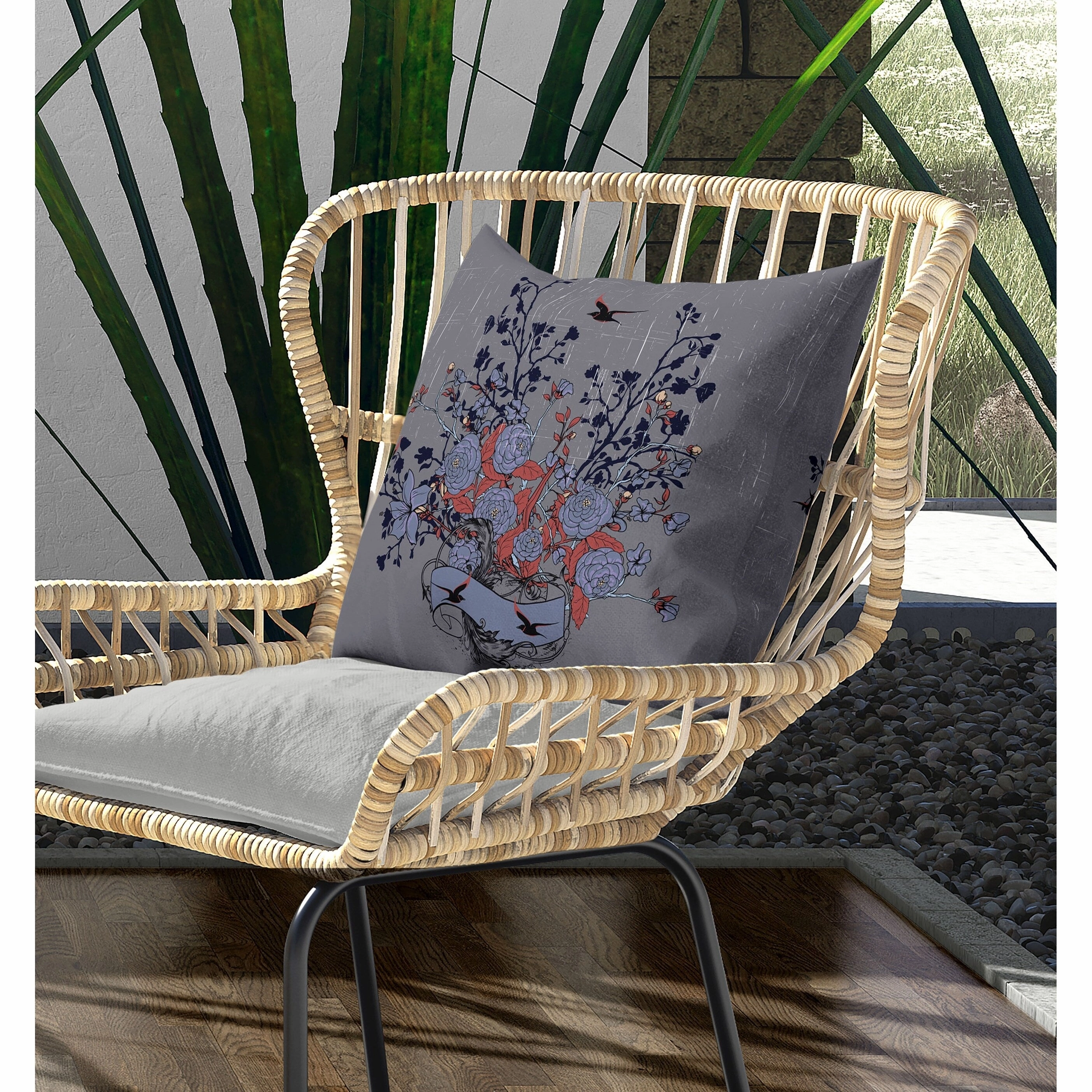 Elegant Floral Bouquet Indoor/Outdoor Reversible Throw Pillow Gray and Blue
