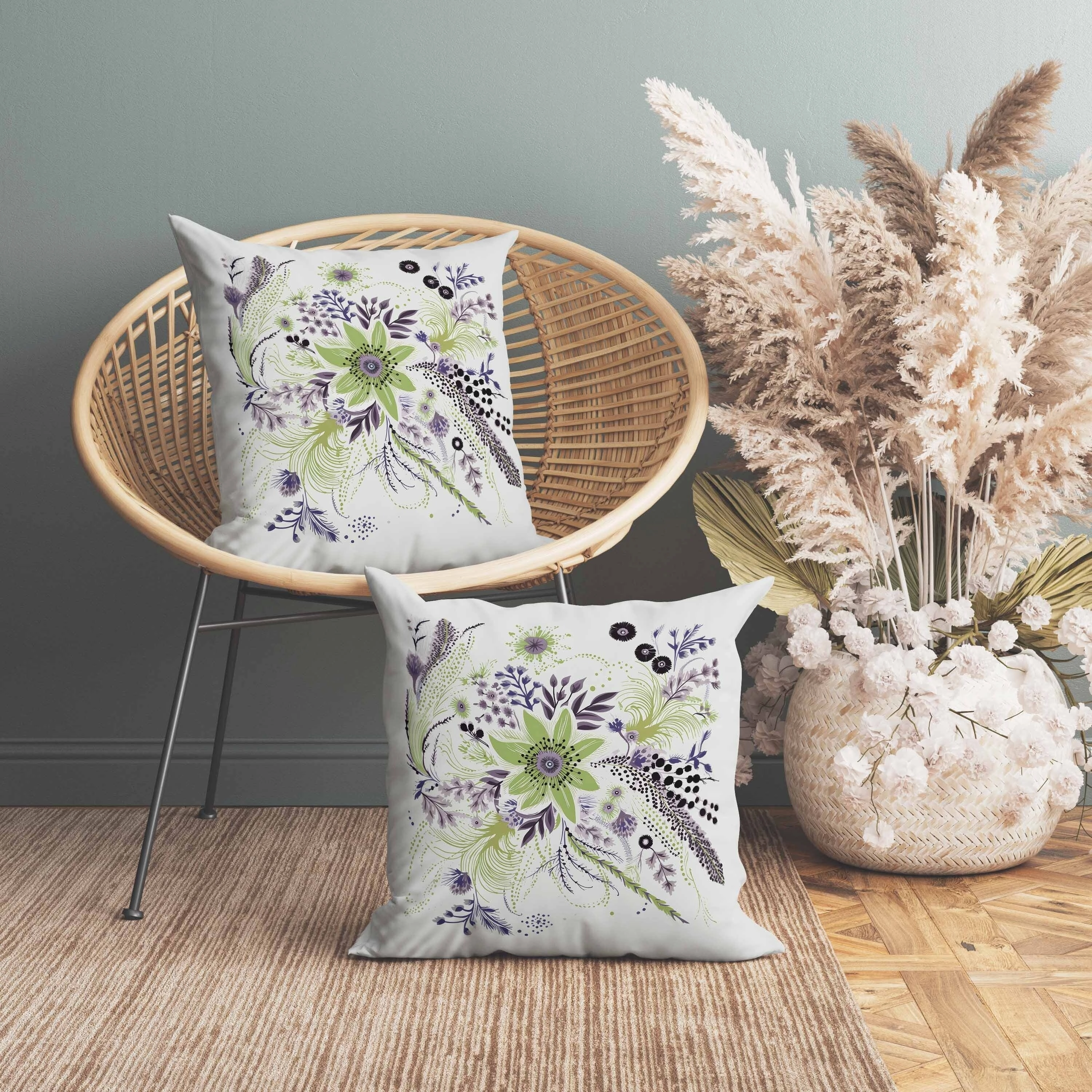 Enchanting Bouquet Indoor/Outdoor Reversible Throw Pillow Olive and Lavender