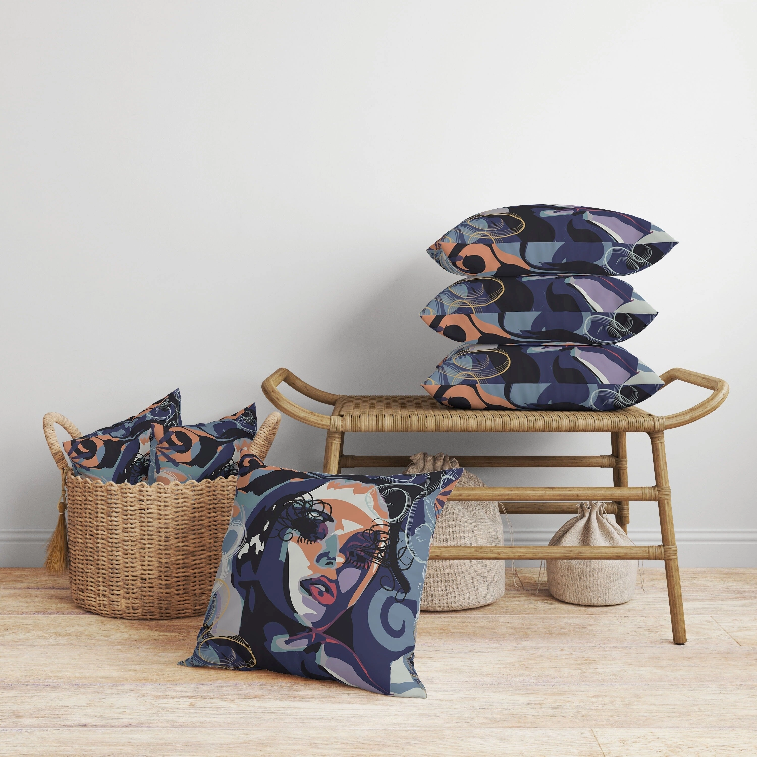 Face Pop Art Faux Suede Reversible Throw Pillow Blue and Orange