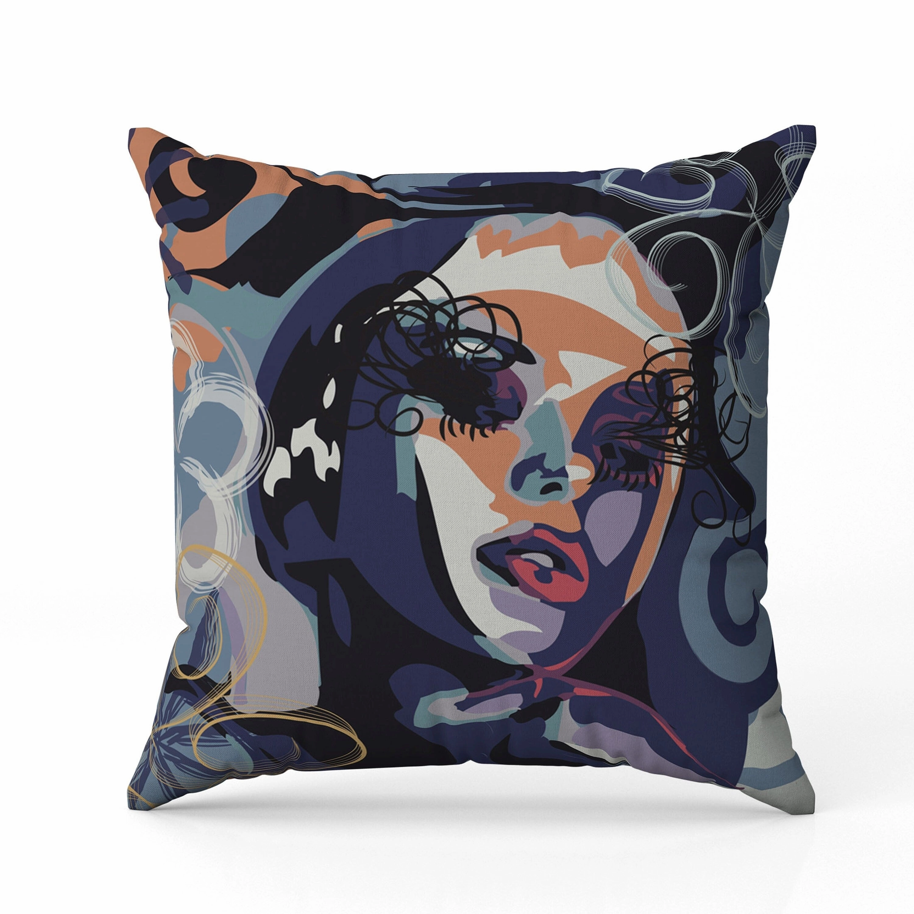 Face Pop Art Faux Suede Reversible Throw Pillow Blue and Orange