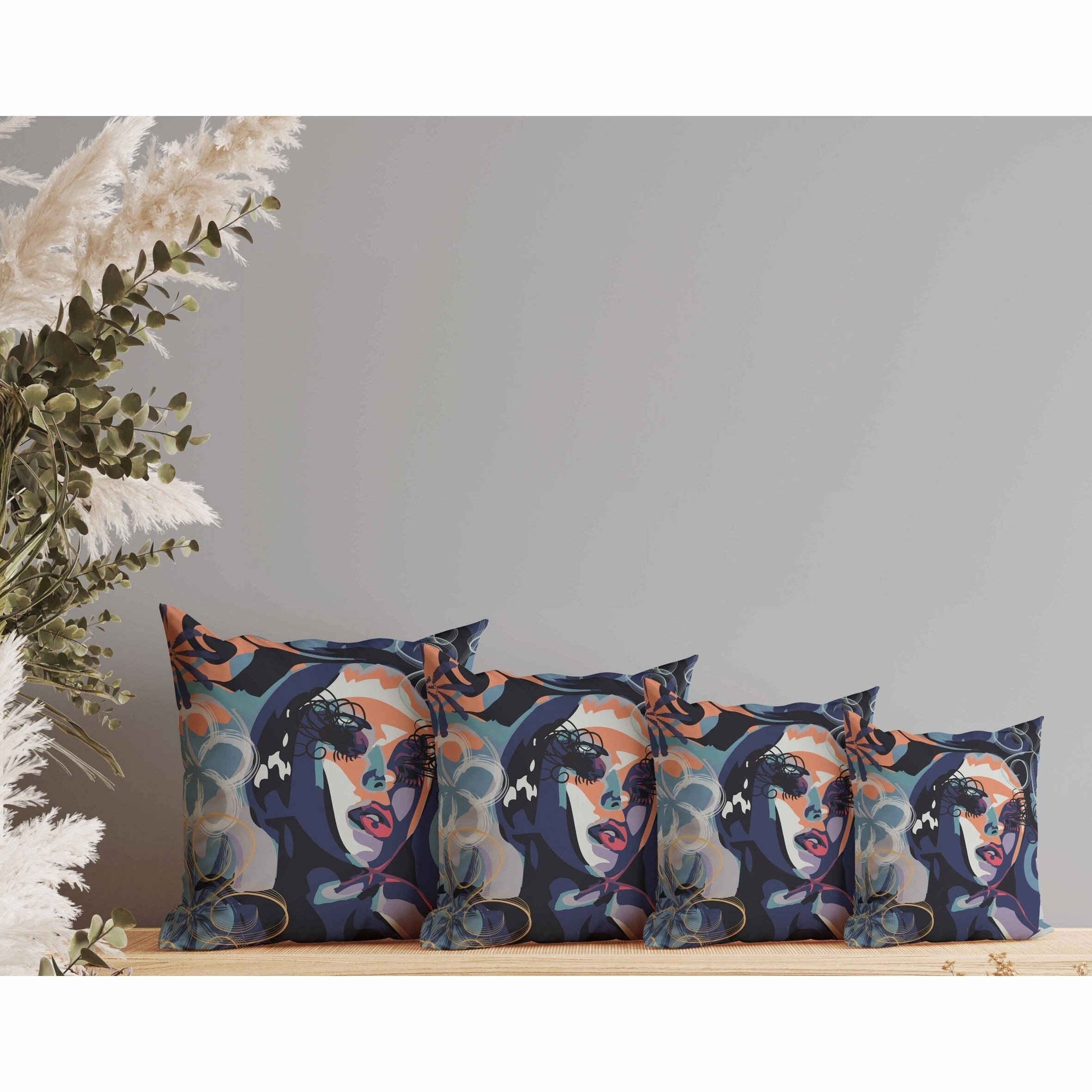 Face Pop Art Faux Suede Reversible Throw Pillow Blue and Orange
