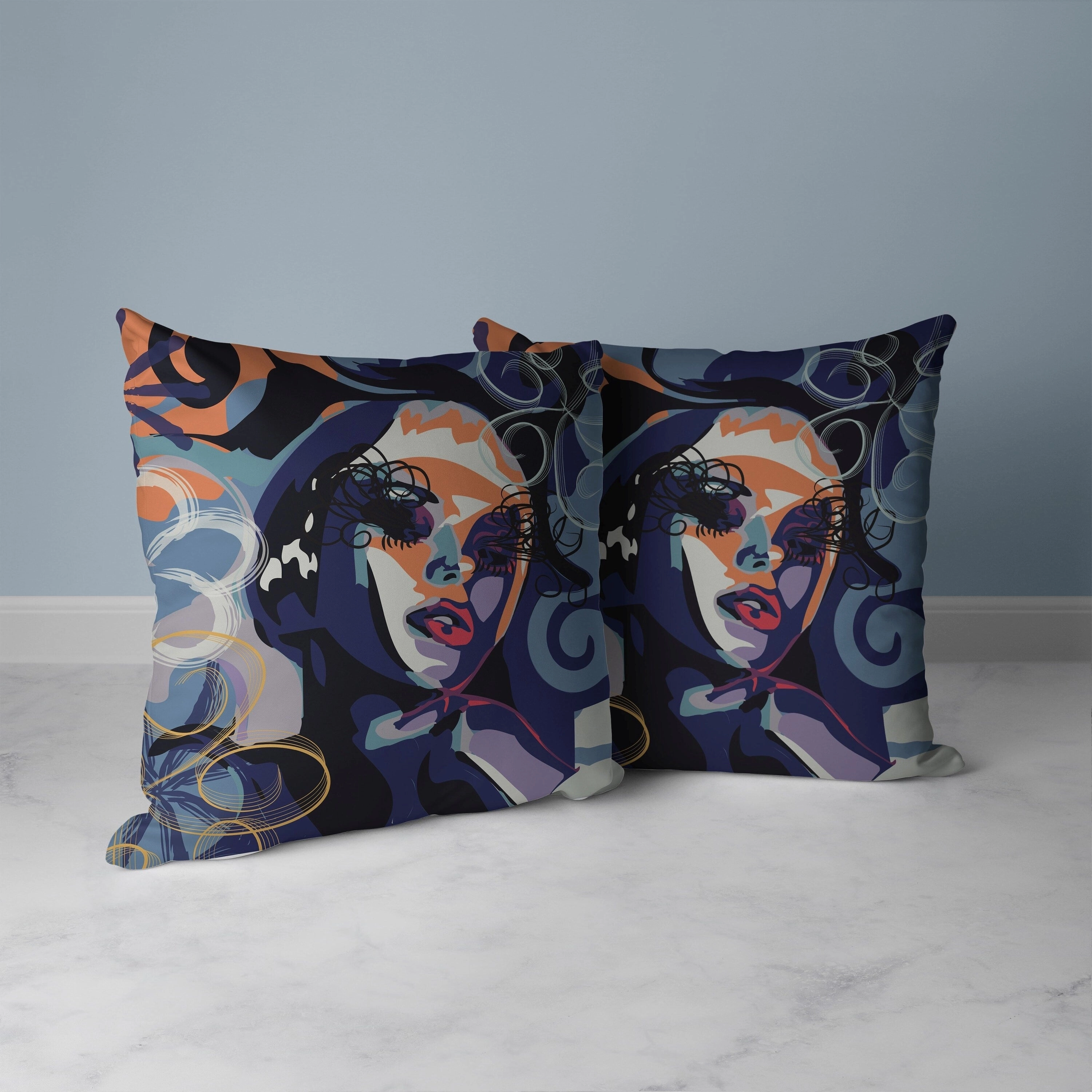 Face Pop Art Faux Suede Reversible Throw Pillow Blue and Orange