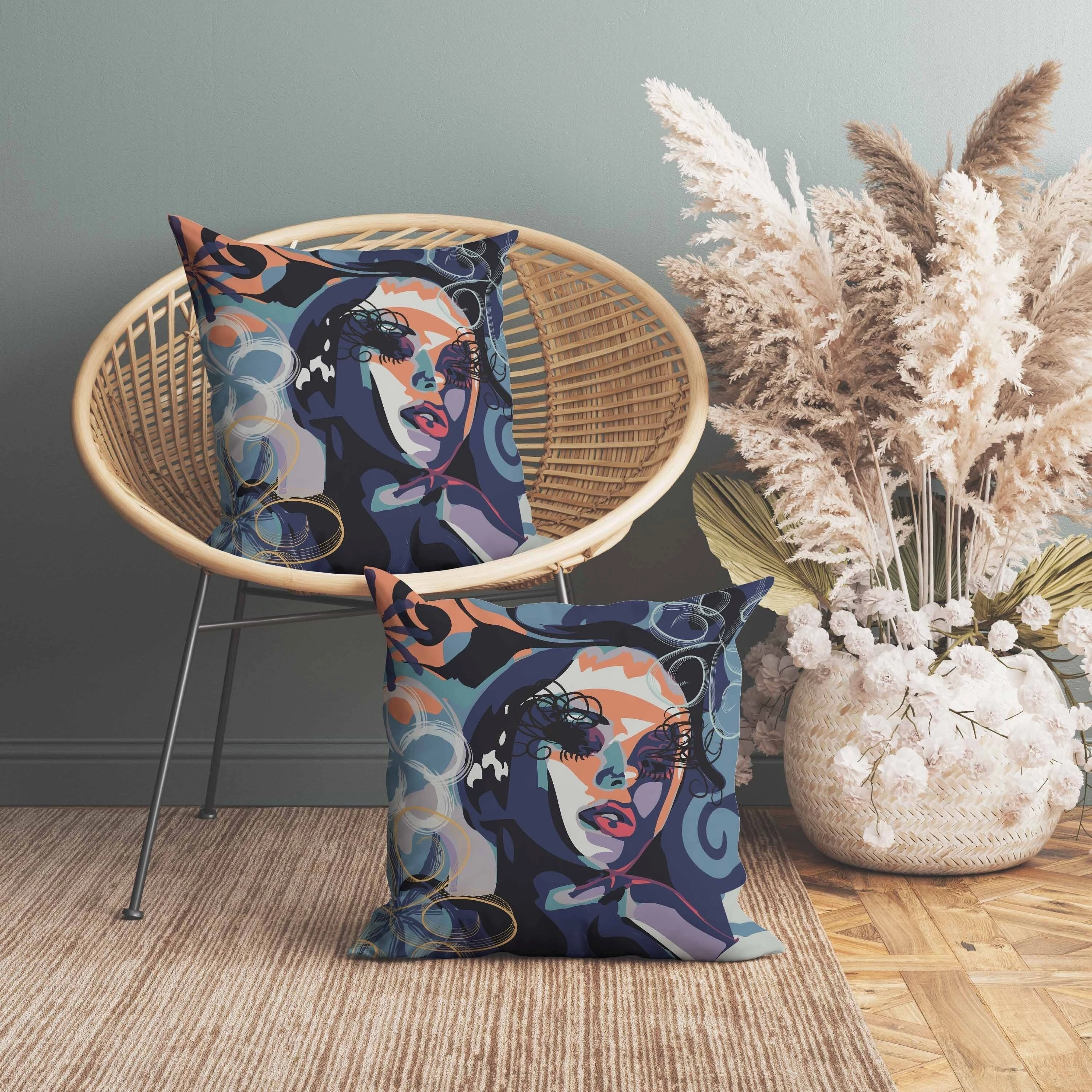Face Pop Art Faux Suede Reversible Throw Pillow Blue and Orange