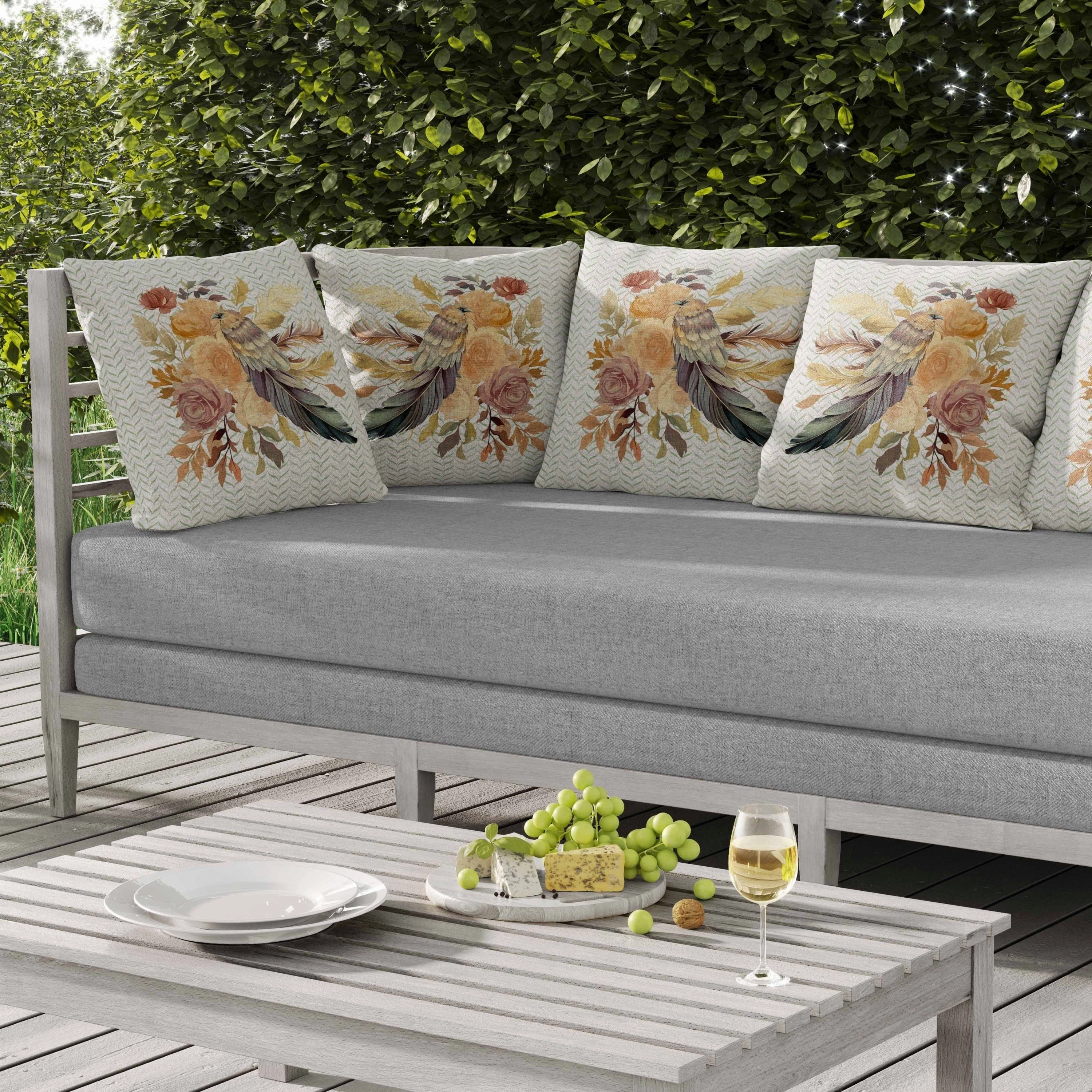 Feathered Bouquet Indoor/Outdoor Reversible Throw Pillow White and Beige