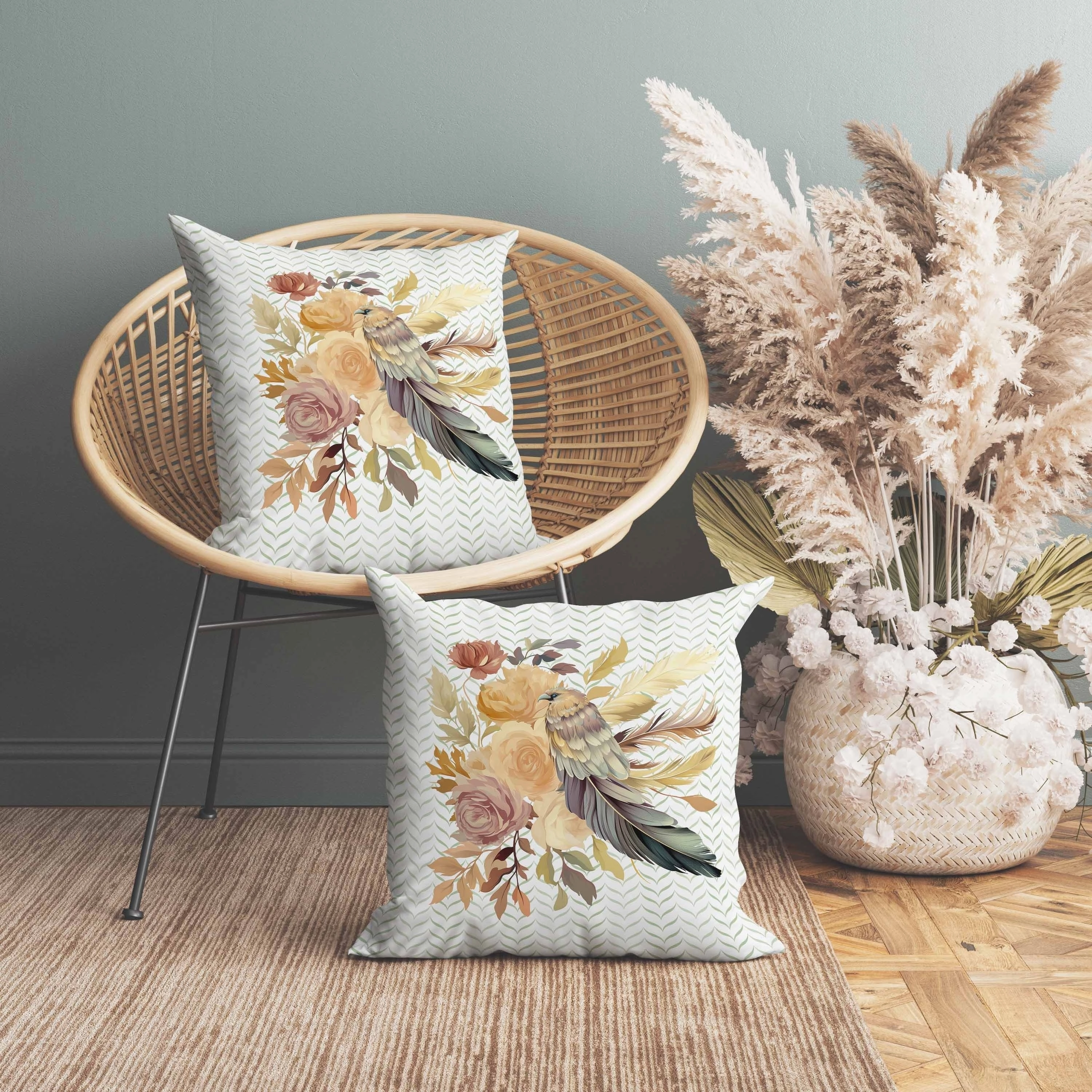 Feathered Bouquet Indoor/Outdoor Reversible Throw Pillow White and Beige