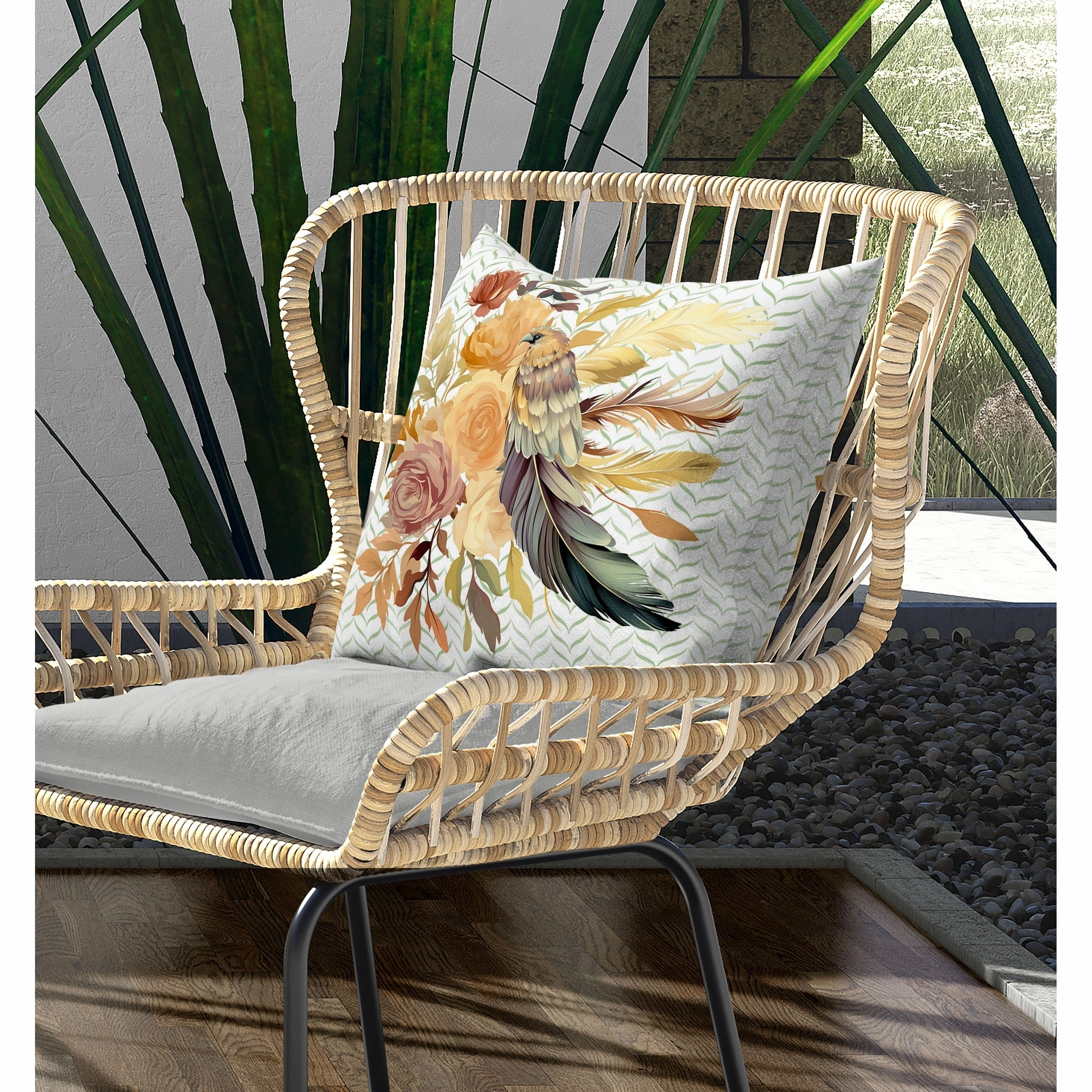 Feathered Bouquet Indoor/Outdoor Reversible Throw Pillow White and Beige
