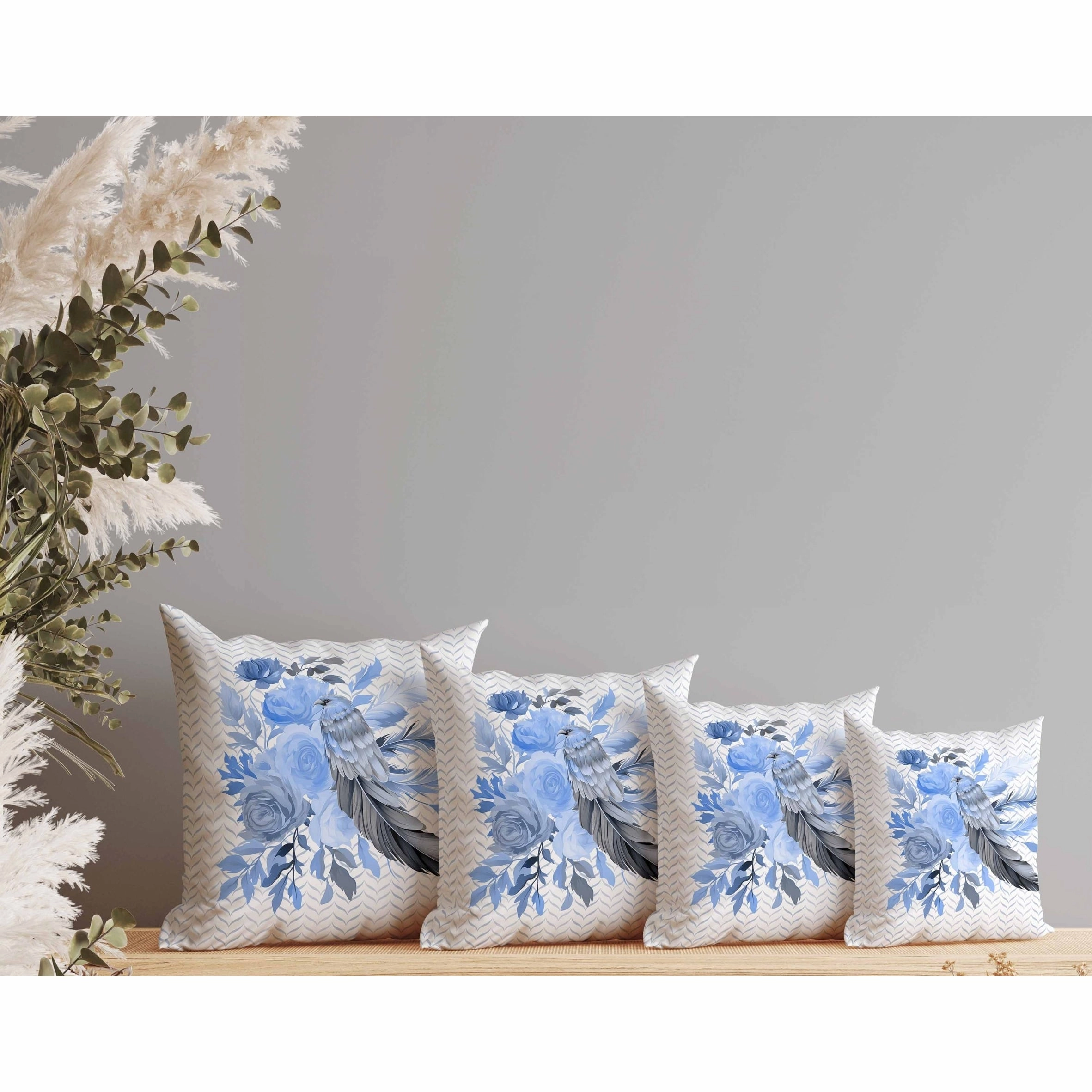 Feathered Bouquet Indoor/Outdoor Reversible Throw Pillow White and Blue
