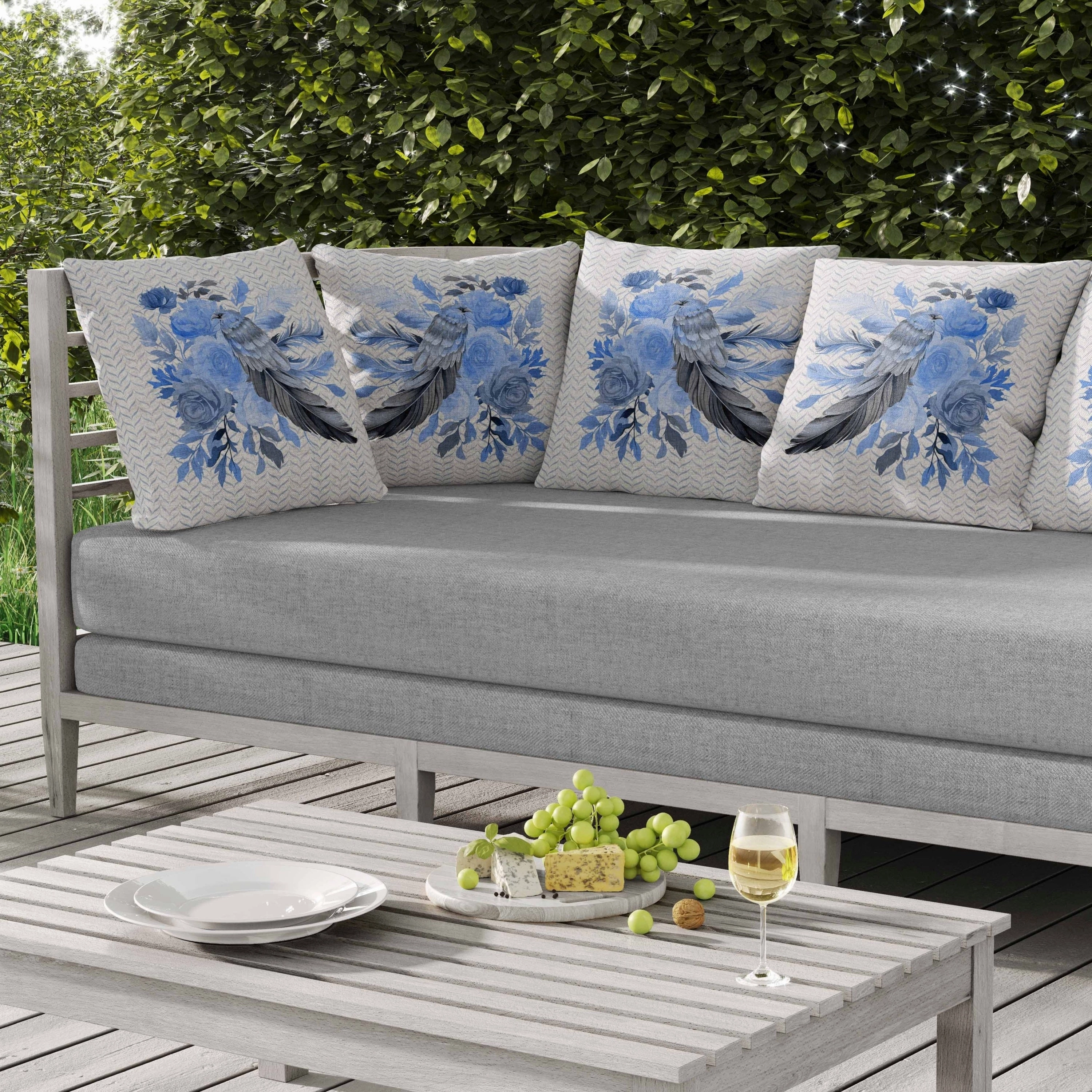 Feathered Bouquet Indoor/Outdoor Reversible Throw Pillow White and Blue