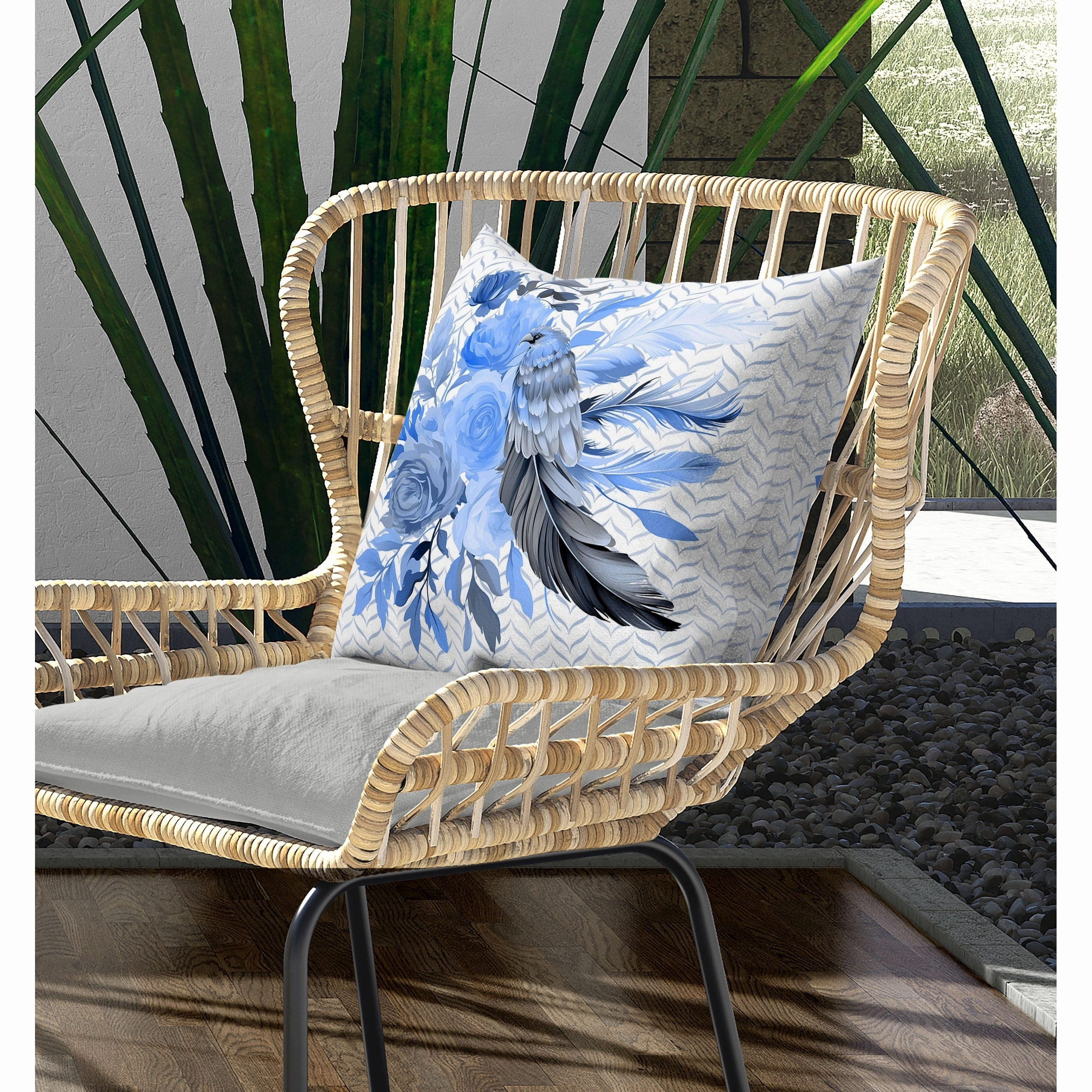 Feathered Bouquet Indoor/Outdoor Reversible Throw Pillow White and Blue