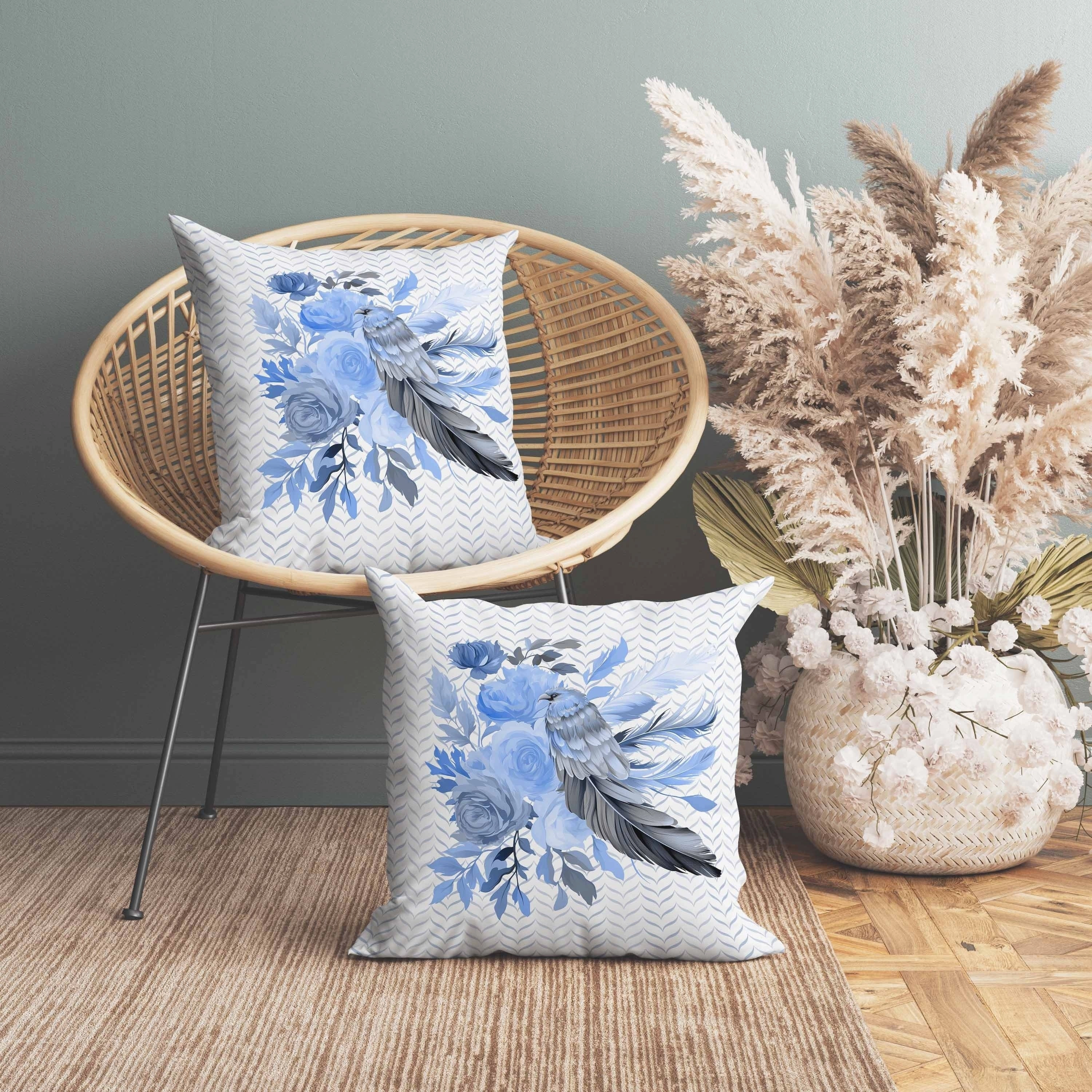 Feathered Bouquet Indoor/Outdoor Reversible Throw Pillow White and Blue