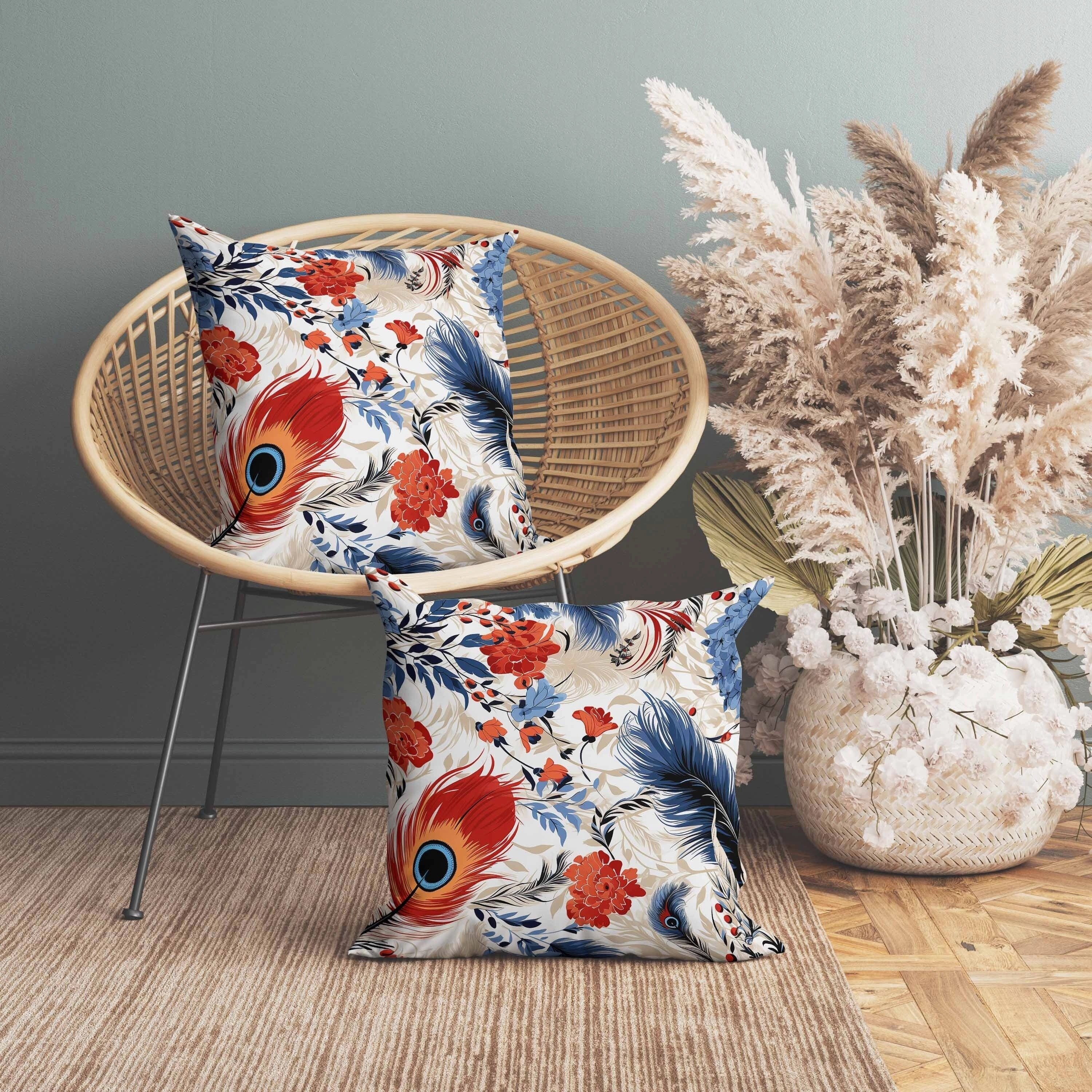 Feathered Opus Indoor/Outdoor Reversible Throw Pillow Blue and Red