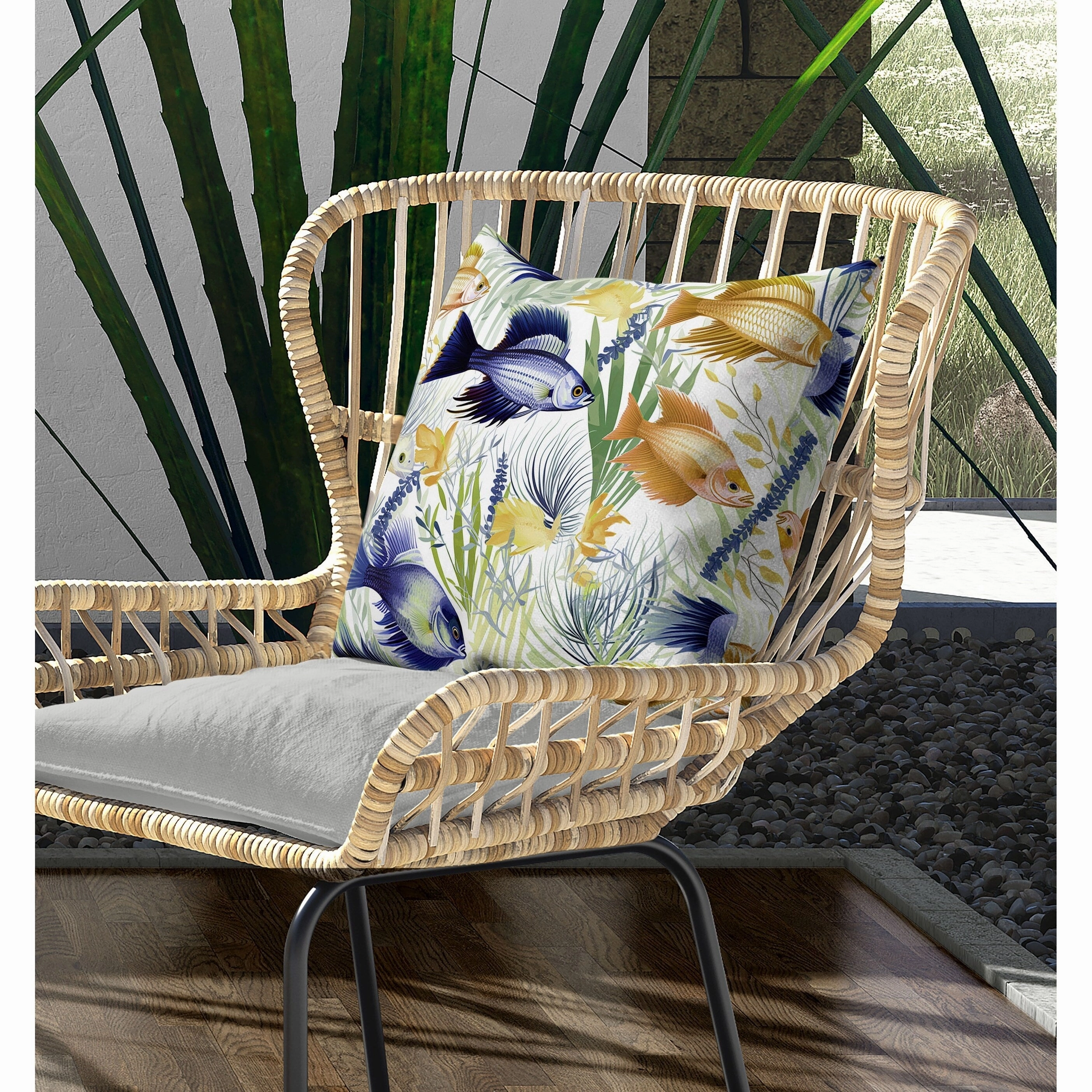 Fish paradise Indoor/Outdoor Reversible Throw Pillow Gold and Blue