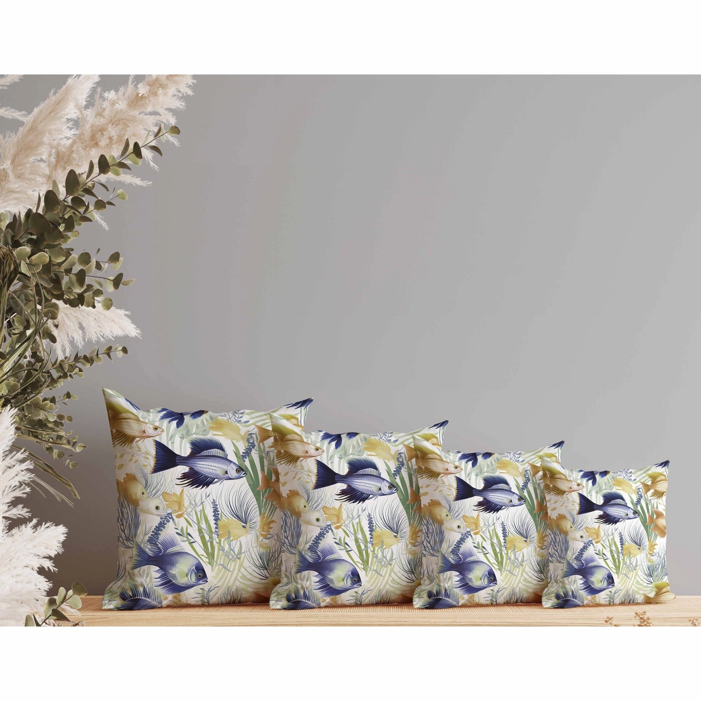 Fish paradise Indoor/Outdoor Reversible Throw Pillow Gold and Blue