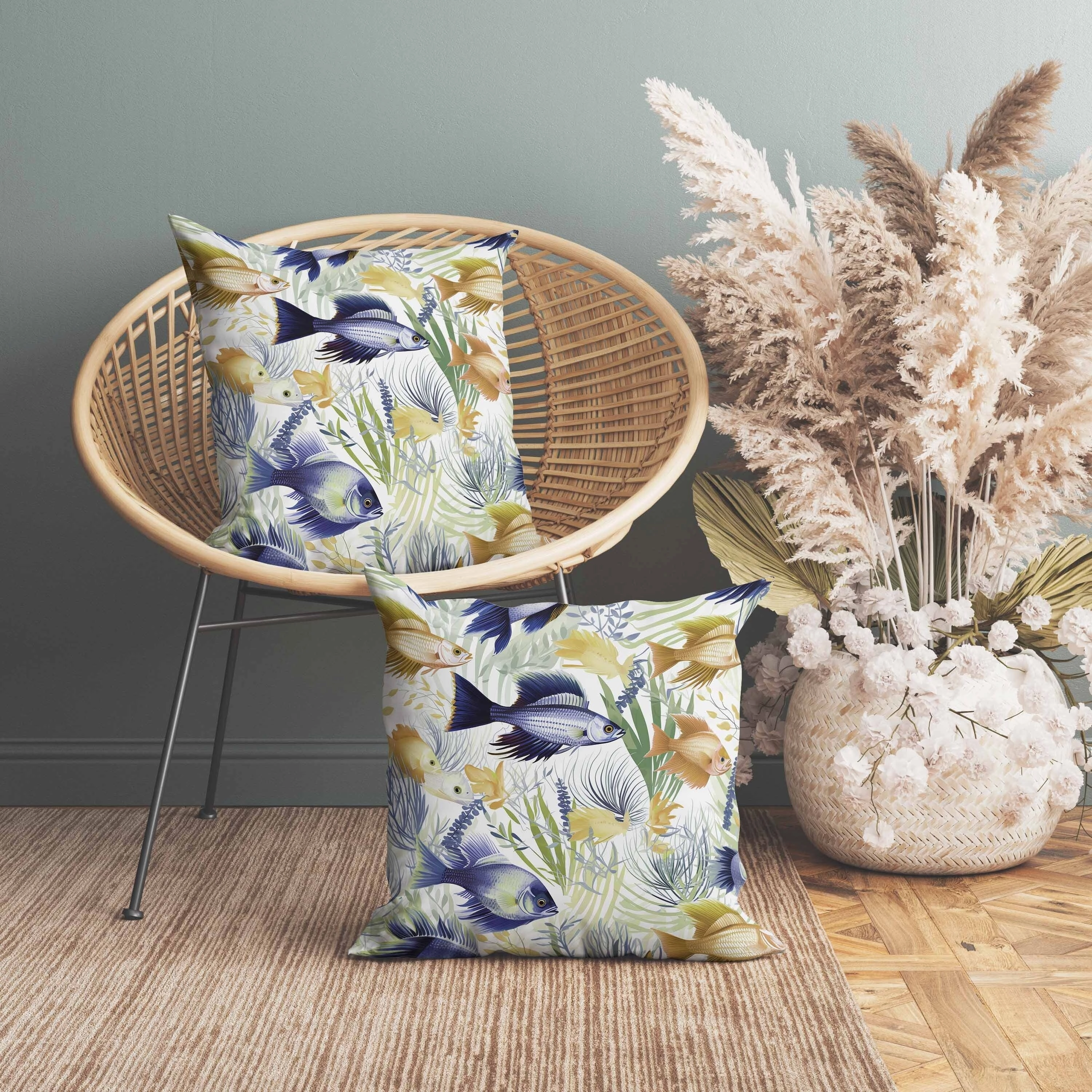 Fish paradise Indoor/Outdoor Reversible Throw Pillow Gold and Blue
