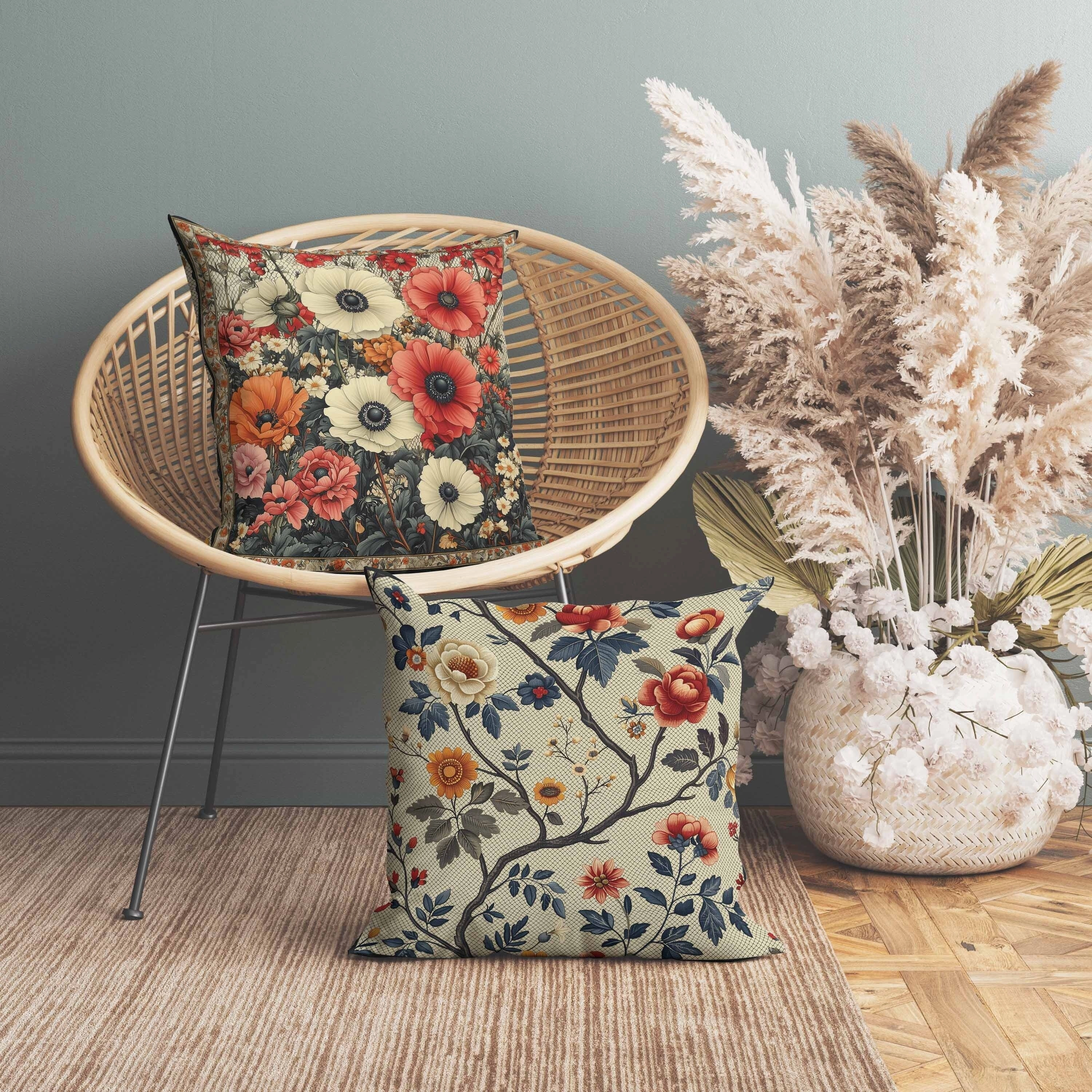 Floral Array Faux Suede Reversible Throw Pillow Beige and Red