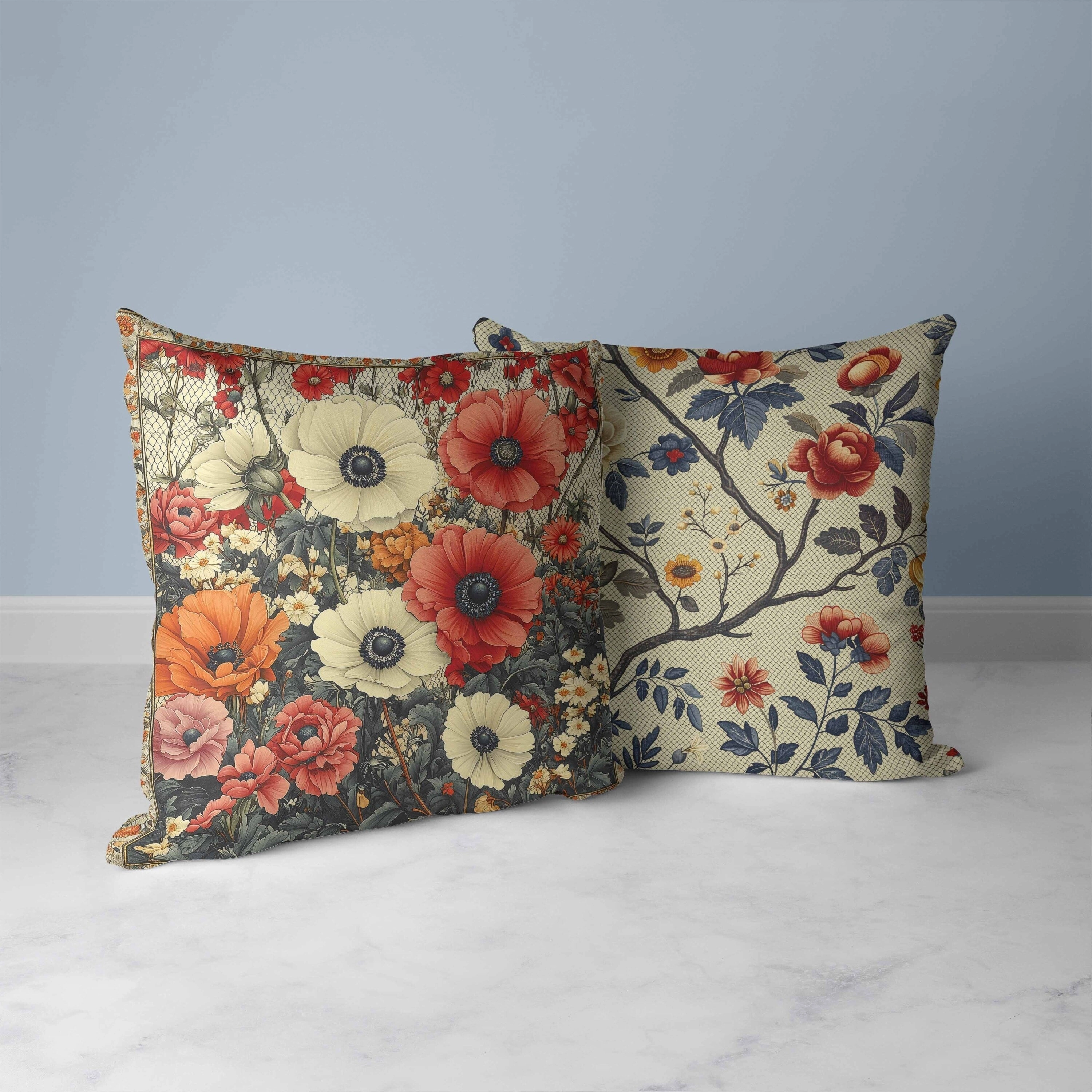Floral Array Faux Suede Reversible Throw Pillow Beige and Red