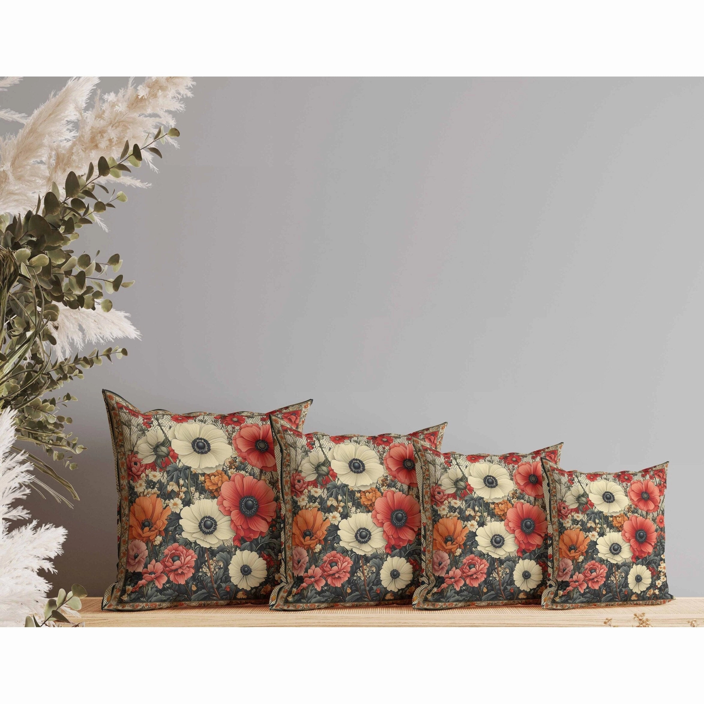Floral Array Faux Suede Reversible Throw Pillow Beige and Red