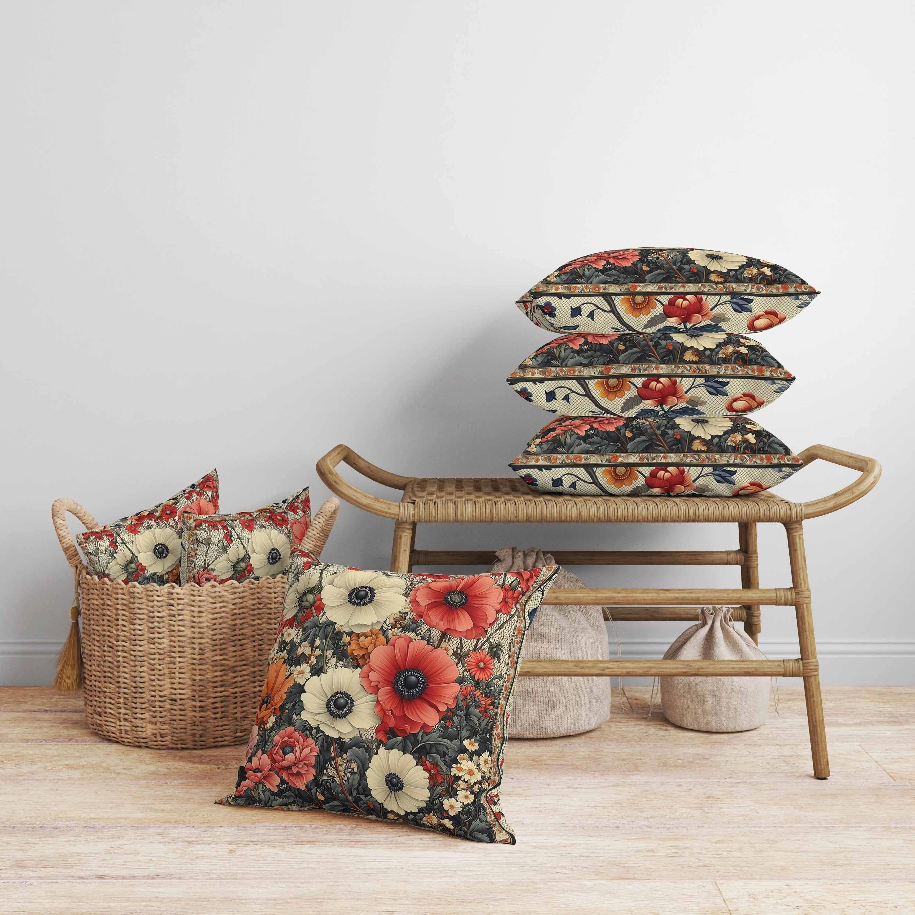 Floral Array Faux Suede Reversible Throw Pillow Beige and Red