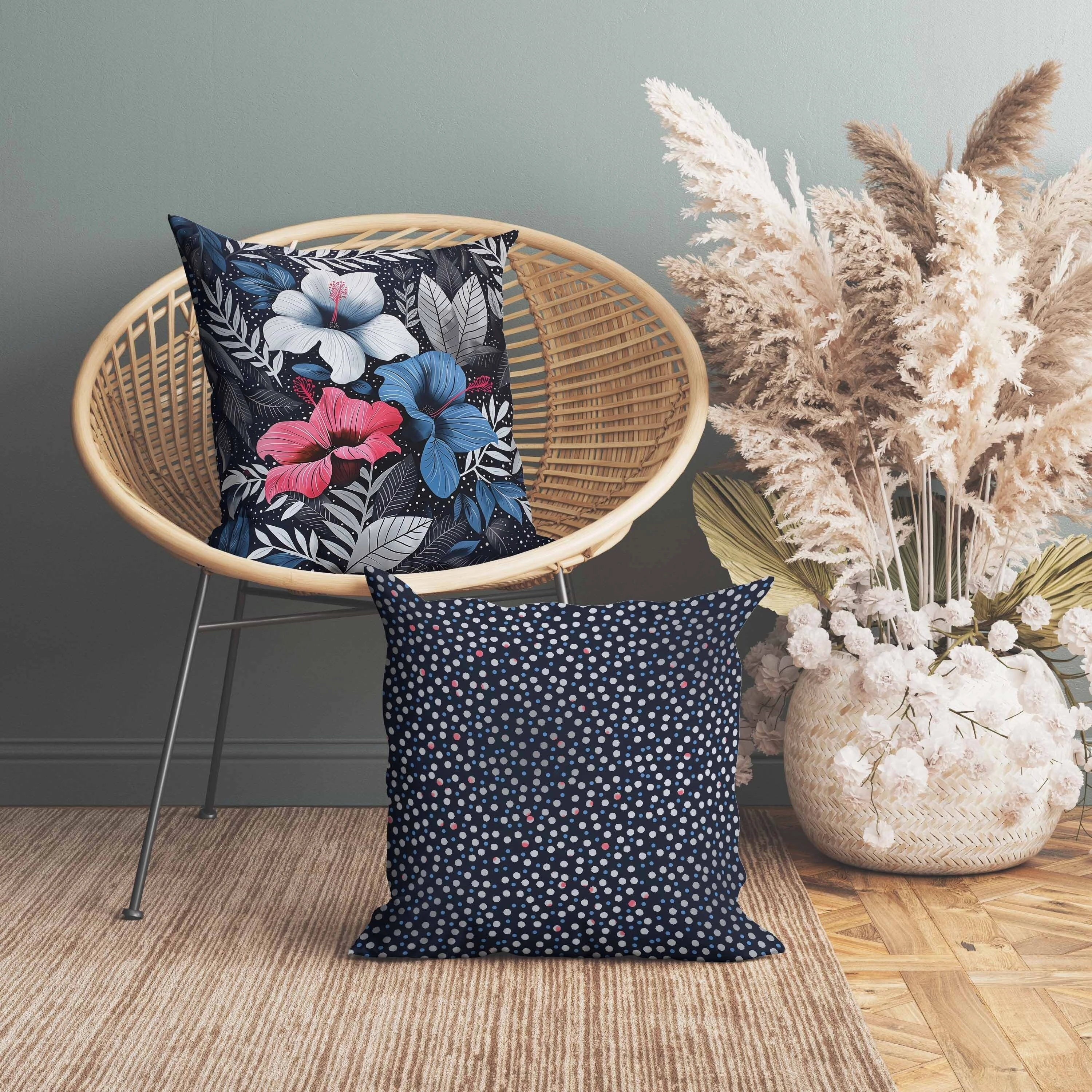 Floral Dots Indoor/Outdoor Reversible Throw Pillow Blue and Gray