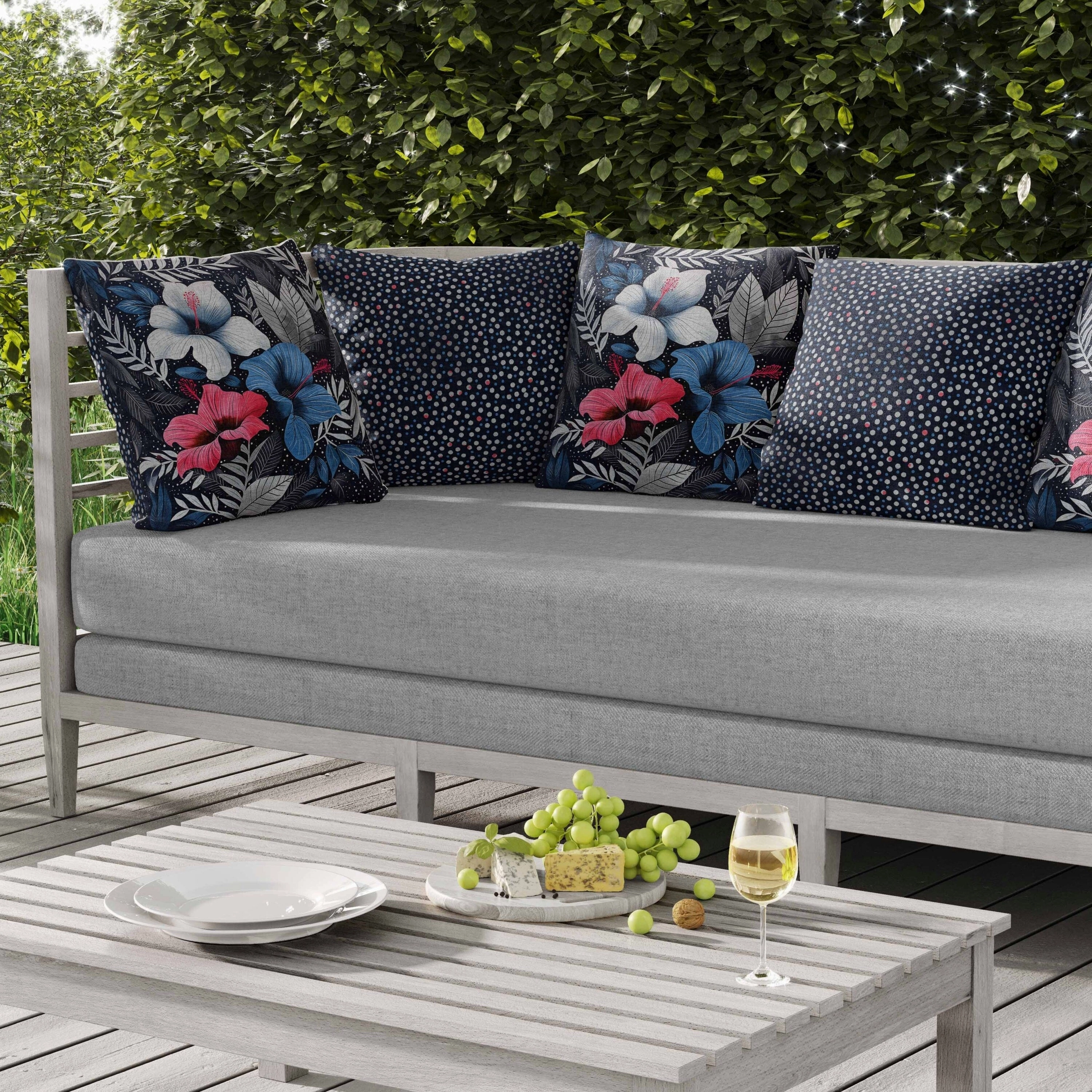 Floral Dots Indoor/Outdoor Reversible Throw Pillow Blue and Gray