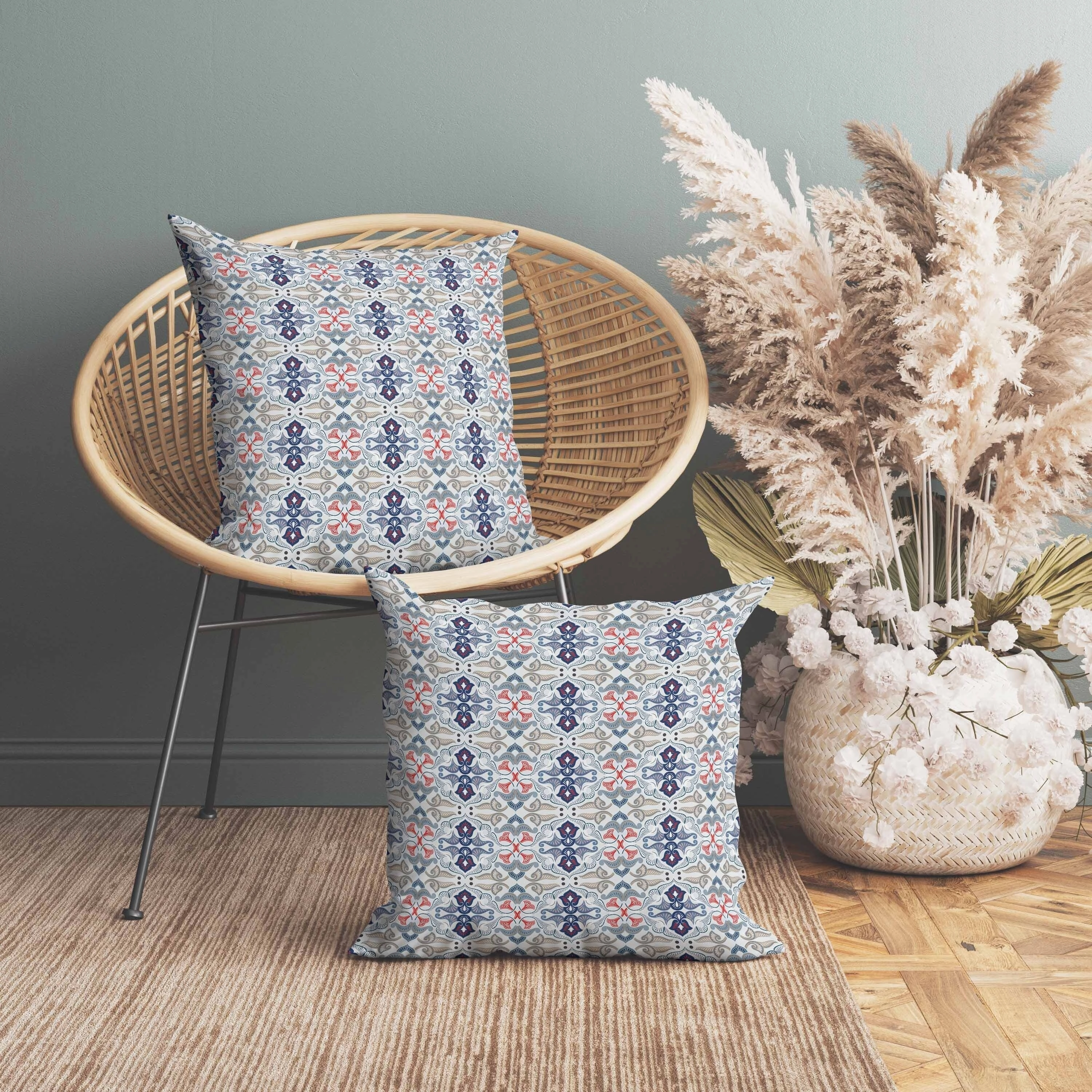 Floral Elegance Indoor/Outdoor Reversible Throw Pillow Ivory and Blue