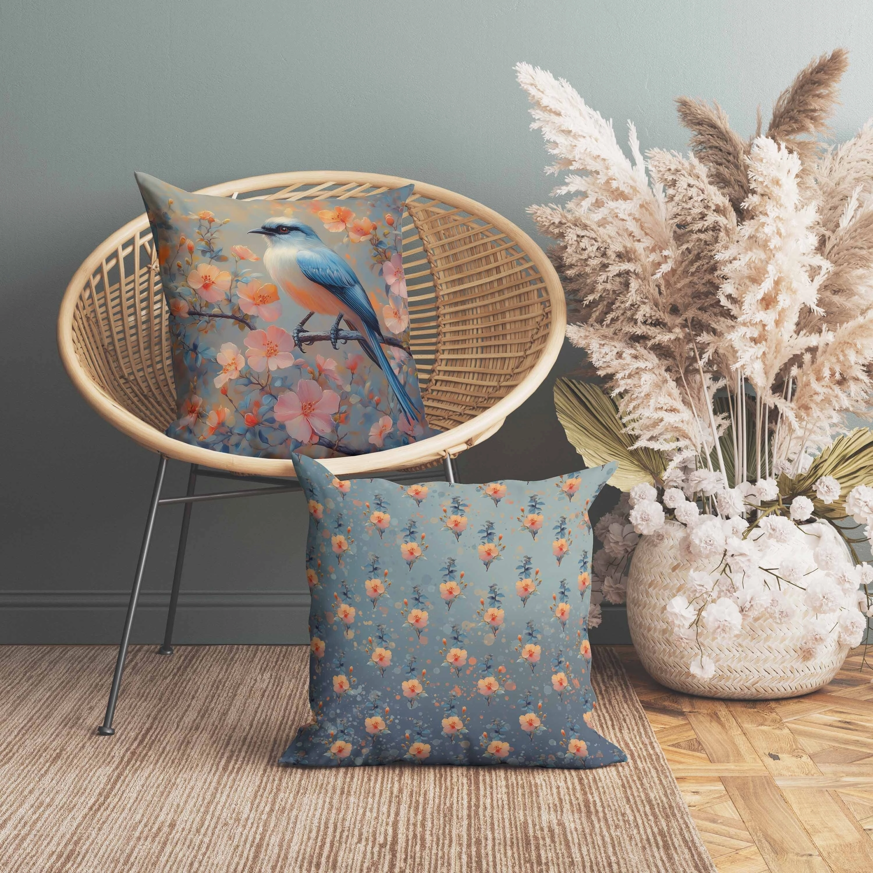 Floral Guest Faux Suede Reversible Throw Pillow Blue and Pink