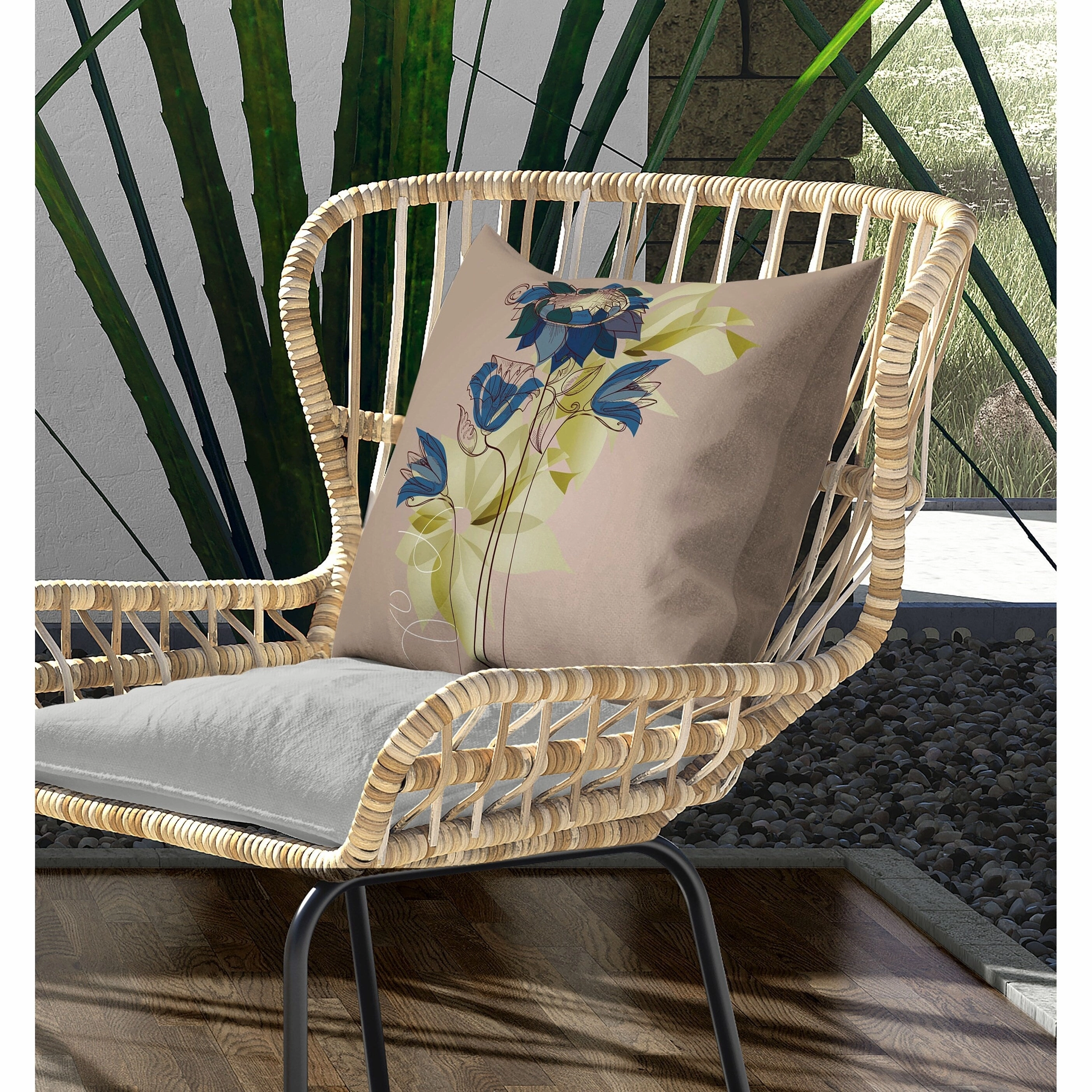 Flowers Line Art Indoor/Outdoor Reversible Throw Pillow Pink and Blue