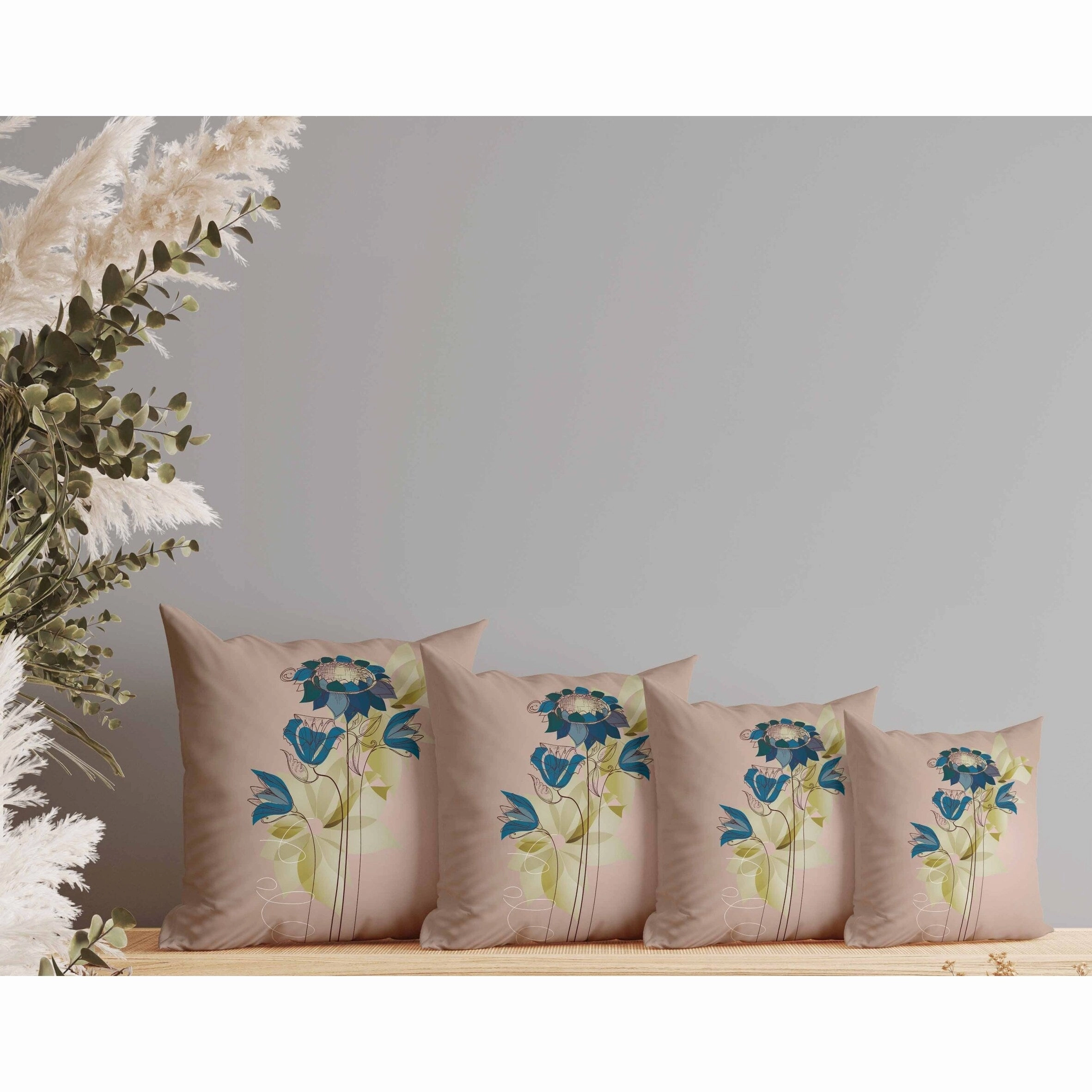 Flowers Line Art Indoor/Outdoor Reversible Throw Pillow Pink and Blue