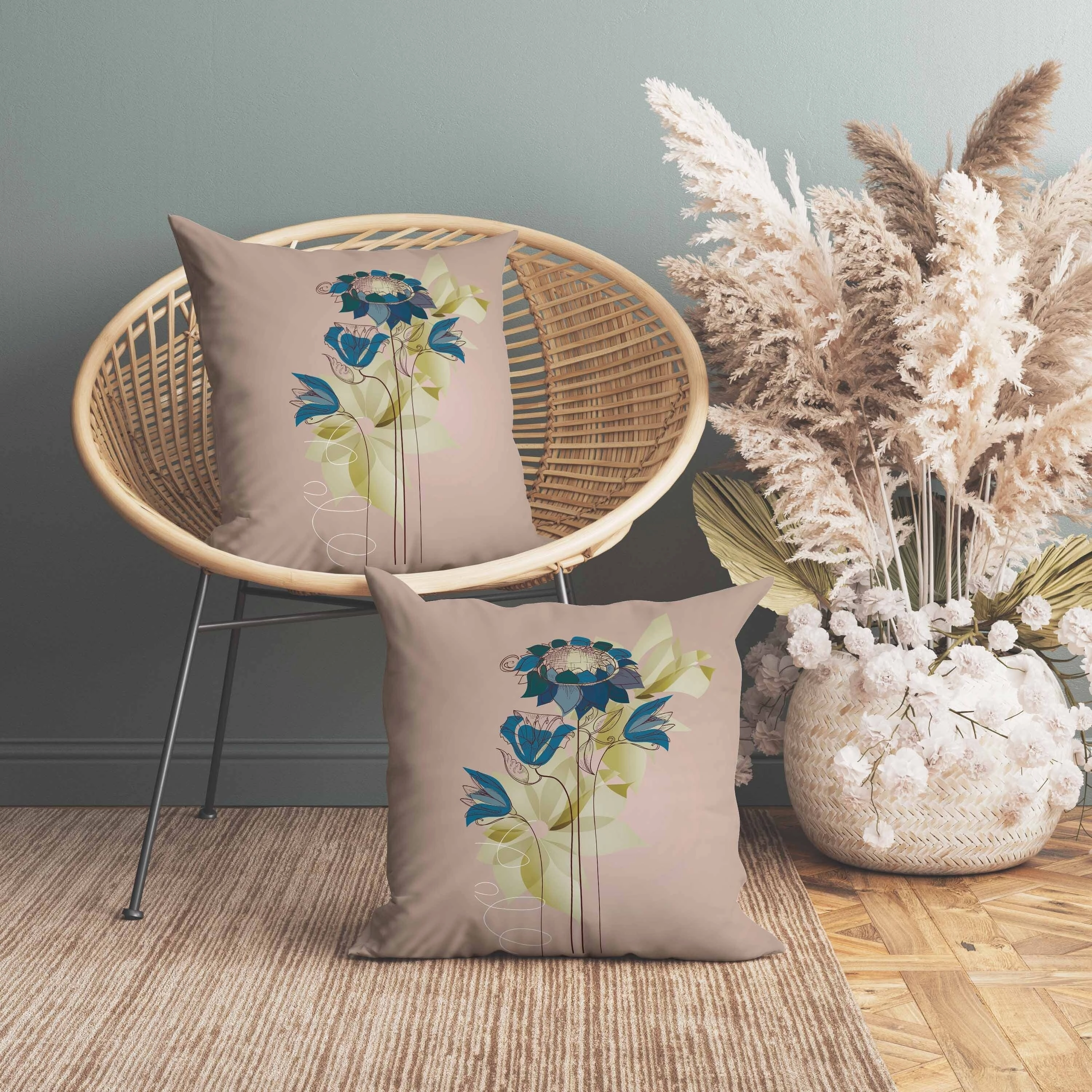 Flowers Line Art Indoor/Outdoor Reversible Throw Pillow Pink and Blue