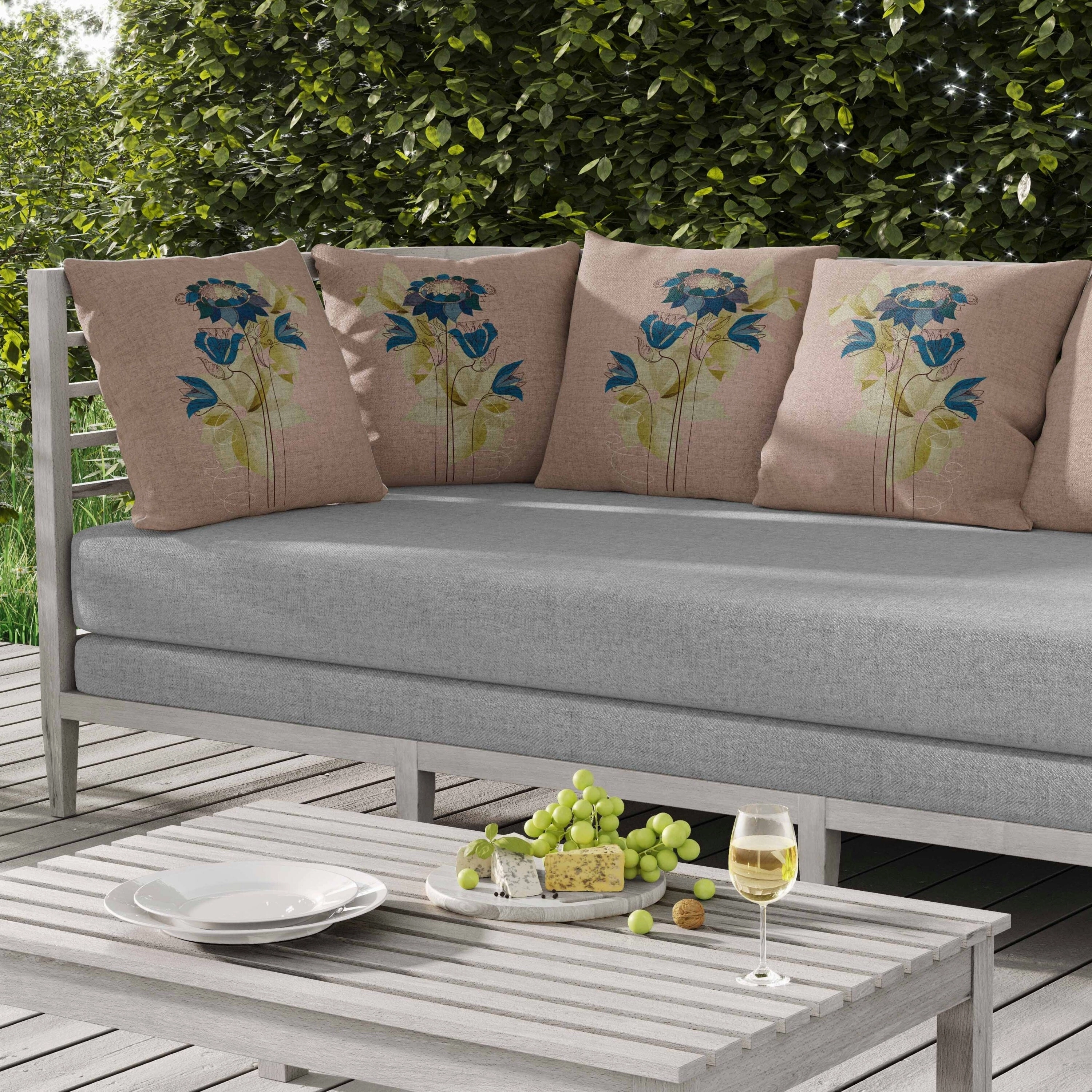 Flowers Line Art Indoor/Outdoor Reversible Throw Pillow Pink and Blue