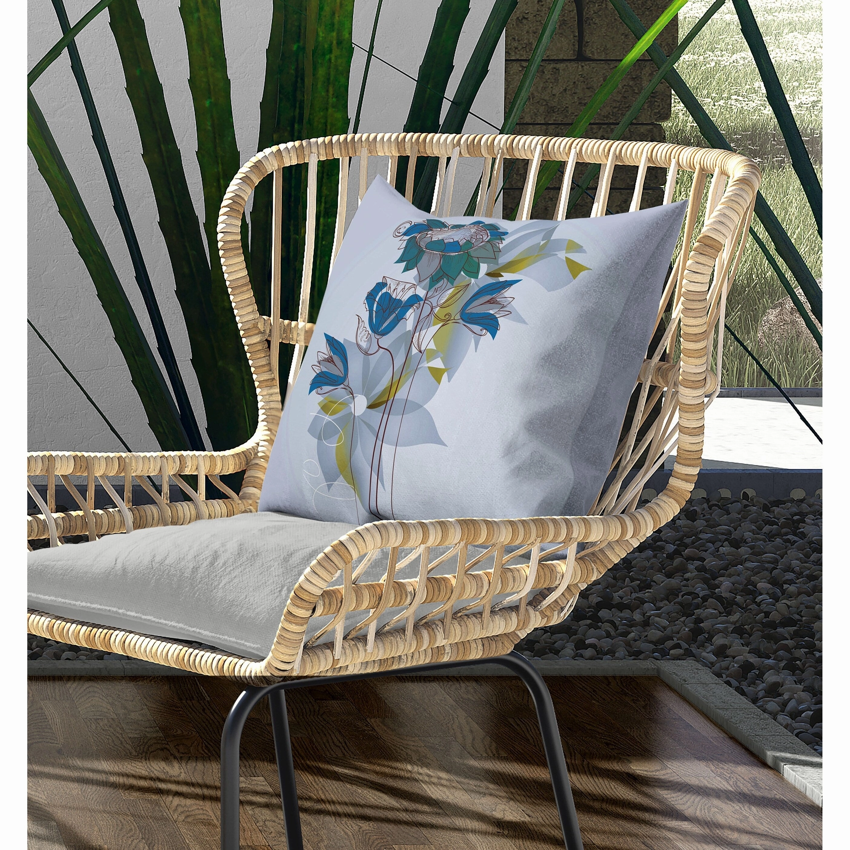 Flowers Line Art Indoor/Outdoor Reversible Throw Pillow Sky and Blue