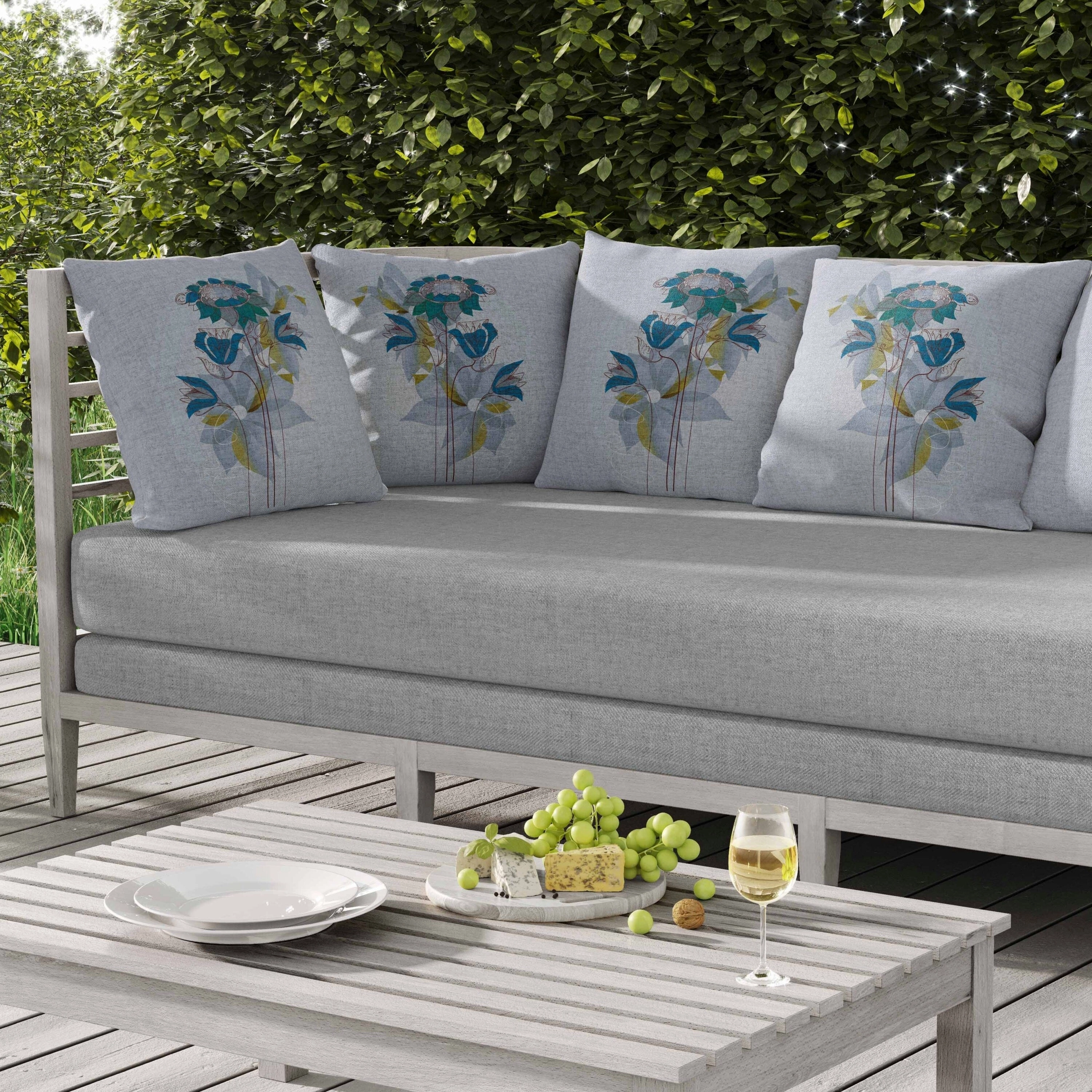 Flowers Line Art Indoor/Outdoor Reversible Throw Pillow Sky and Blue